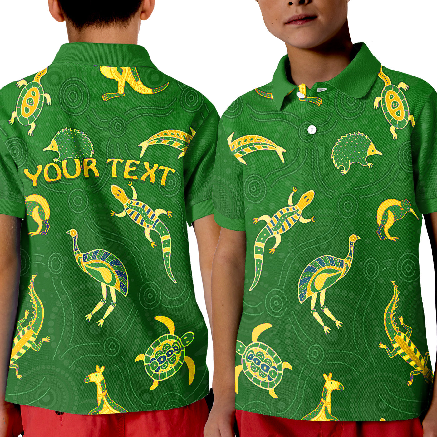 custom-personalised-aboriginal-art-polo-shirt-kid-animals-australia-version-green