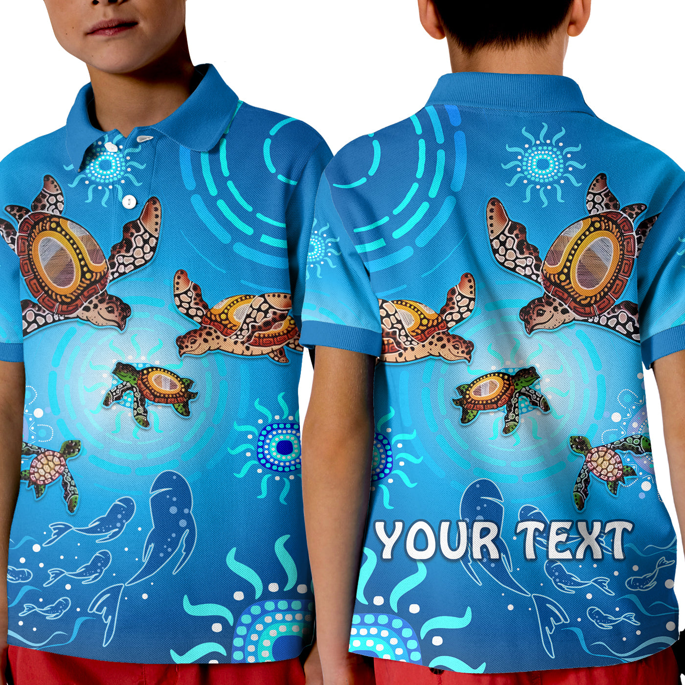 custom-personalised-australian-aboriginal-polo-shirt-kid-happy-turtle-family-version-blue