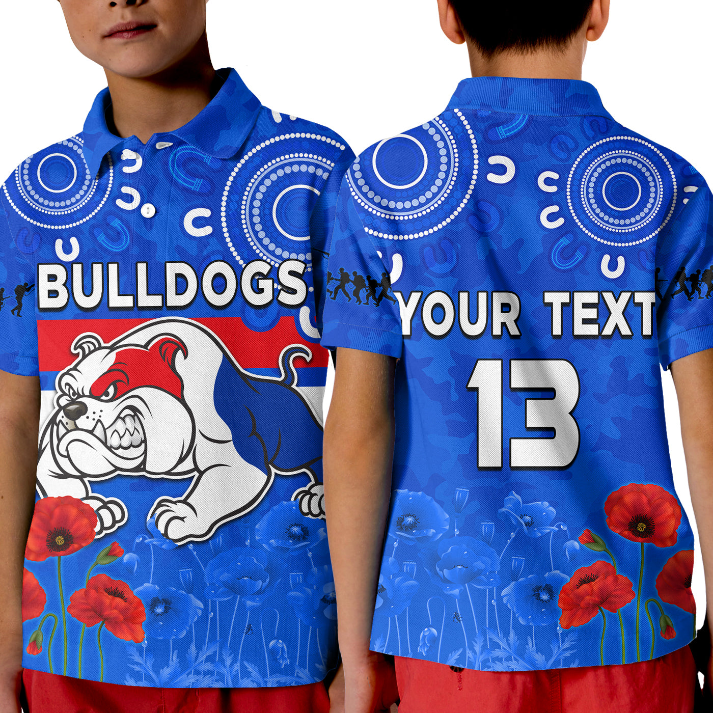 custom-text-and-number-bulldogs-anzac-2022-polo-shirt-kid-western-dogs-aboriginal-poppy