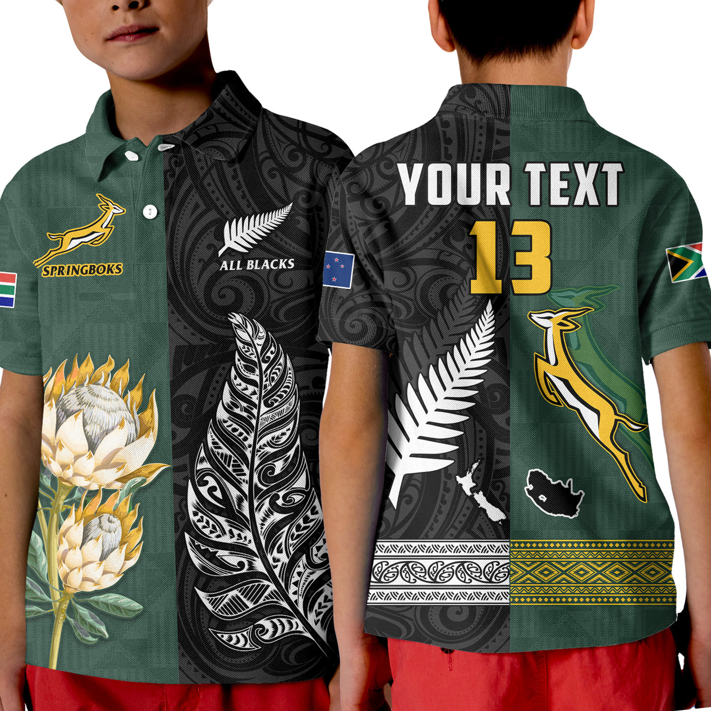 custom-text-and-number-south-africa-protea-and-new-zealand-fern-polo-shirt-rugby-go-springboks-vs-all-black