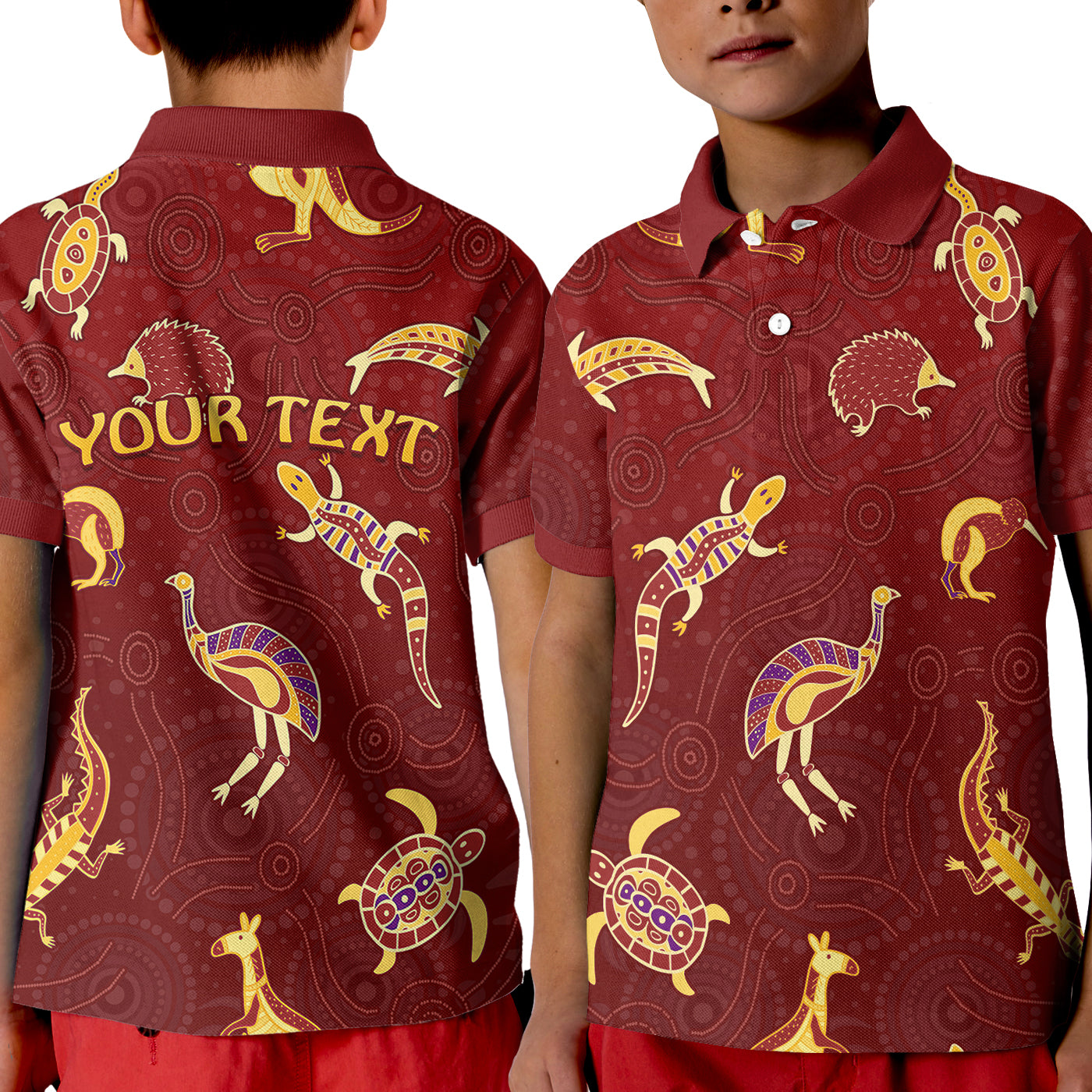 custom-personalised-aboriginal-art-polo-shirt-kid-animals-australia-version-maroon