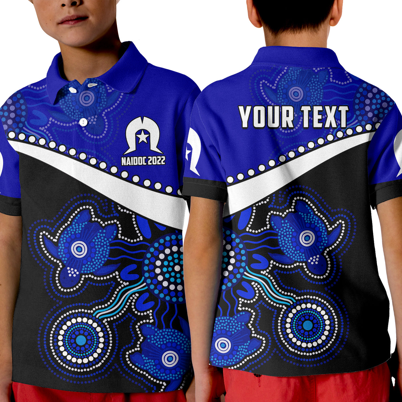 custom-personalised-naidoc-week-2022-polo-shirt-kid-torres-strait-islander-version-blue-aboriginal-turtles