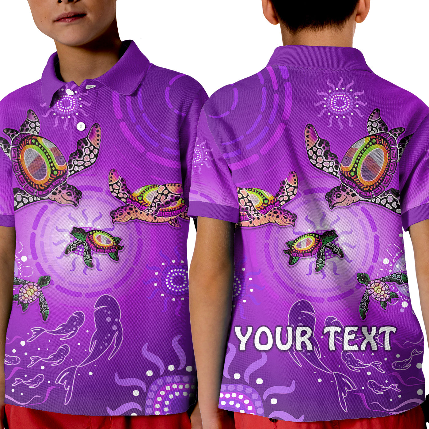 custom-personalised-australian-aboriginal-polo-shirt-kid-happy-turtle-family-version-purple