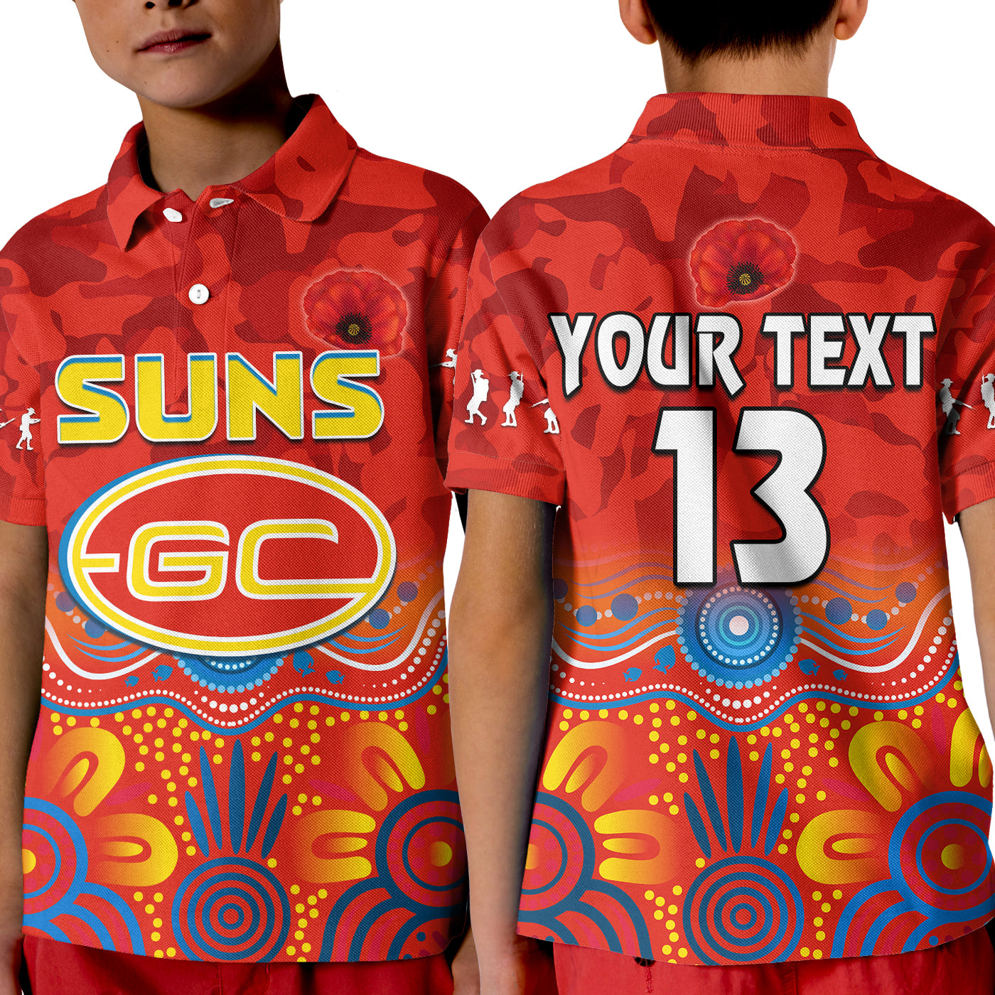 custom-text-and-number-suns-anzac-2022-polo-shirt-kid-gold-coast-aboriginal-poppy