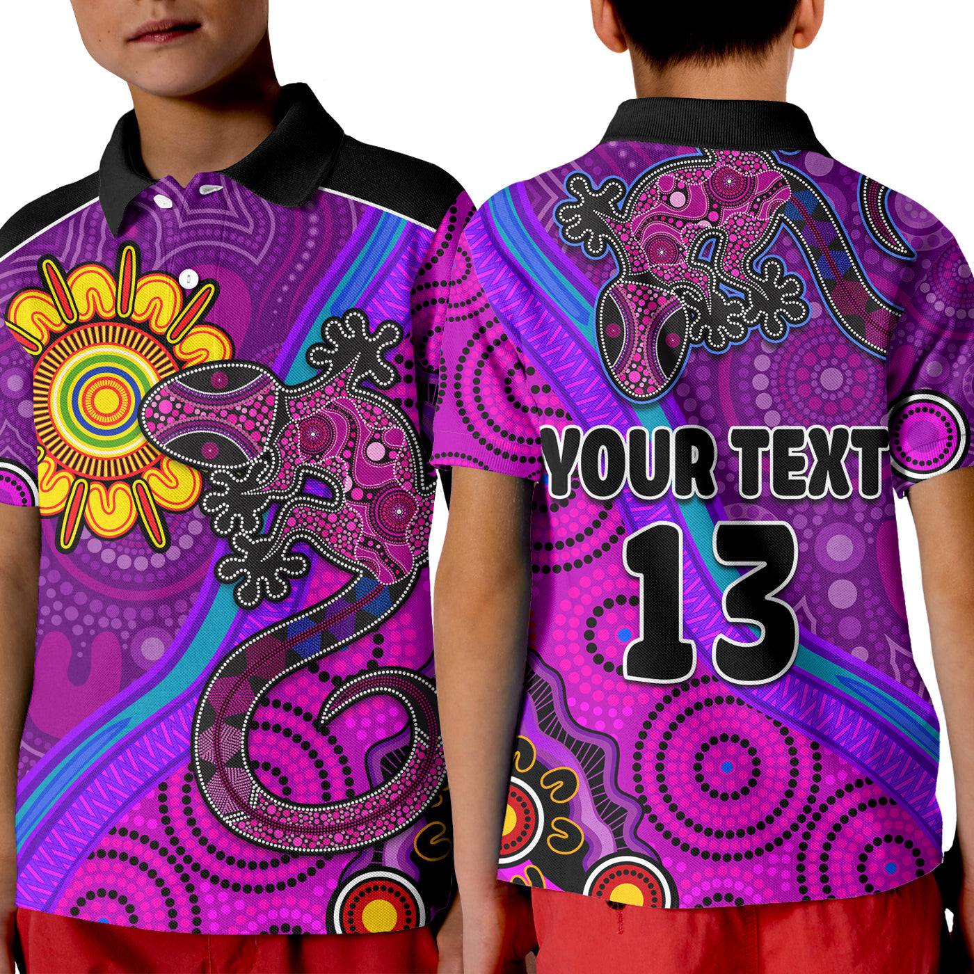 custom-text-and-number-australia-lizard-and-sun-polo-shirt-aboriginal-art-purple