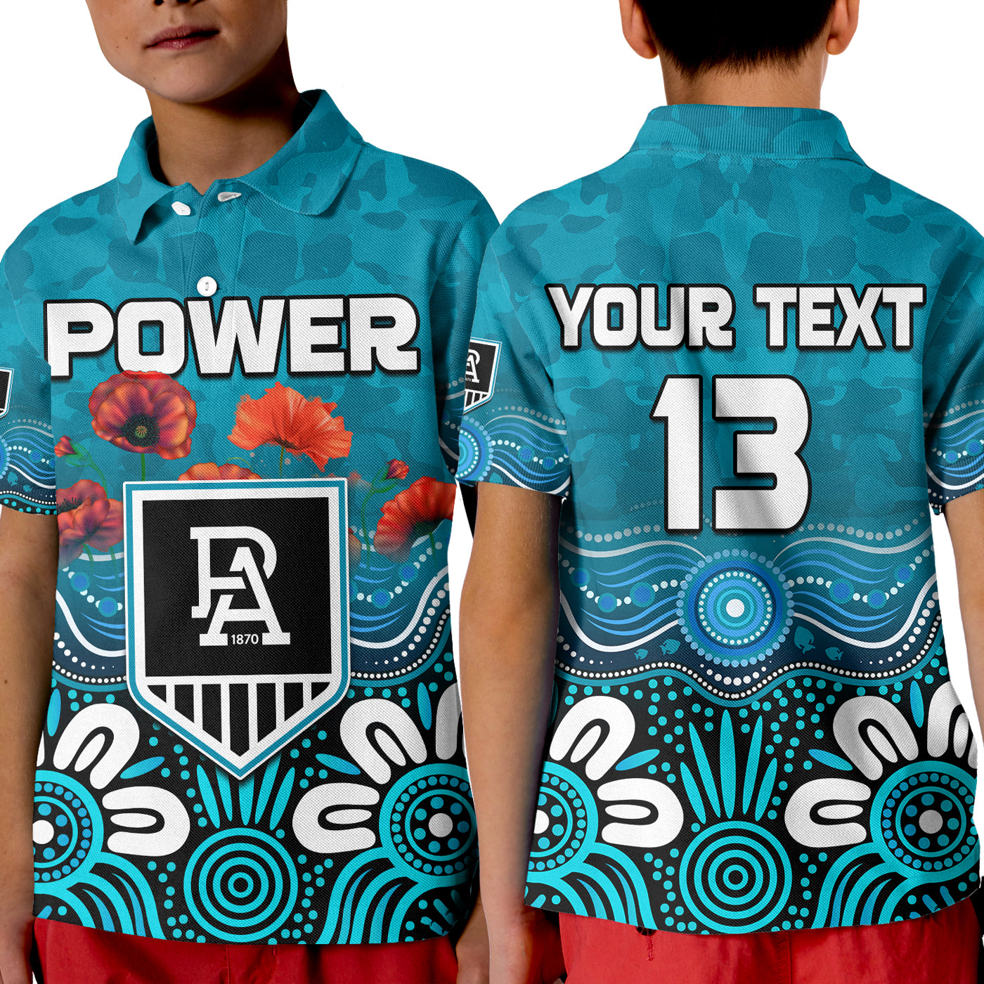 custom-text-and-number-power-anzac-2022-polo-shirt-kid-port-adelaide-aboriginal-remember-them