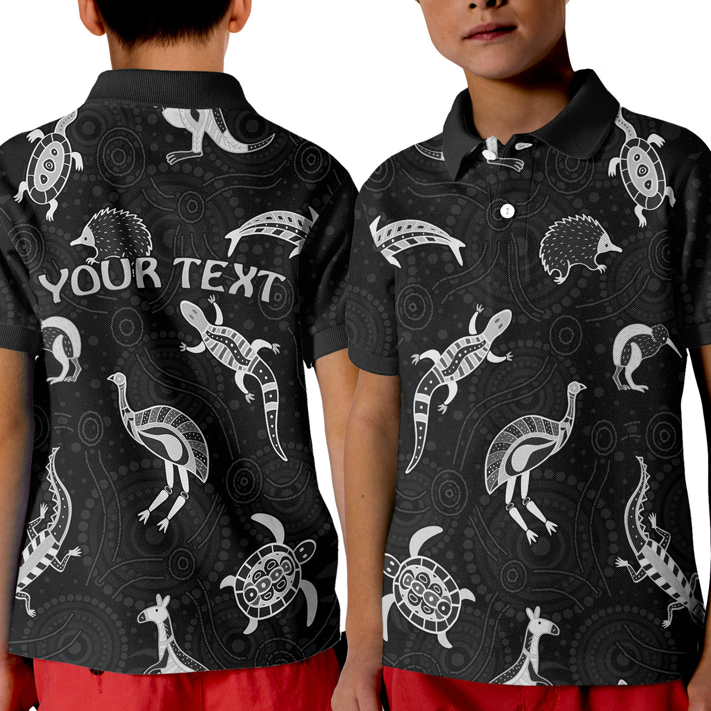 custom-personalised-aboriginal-art-polo-shirt-kid-animals-australia-version-black