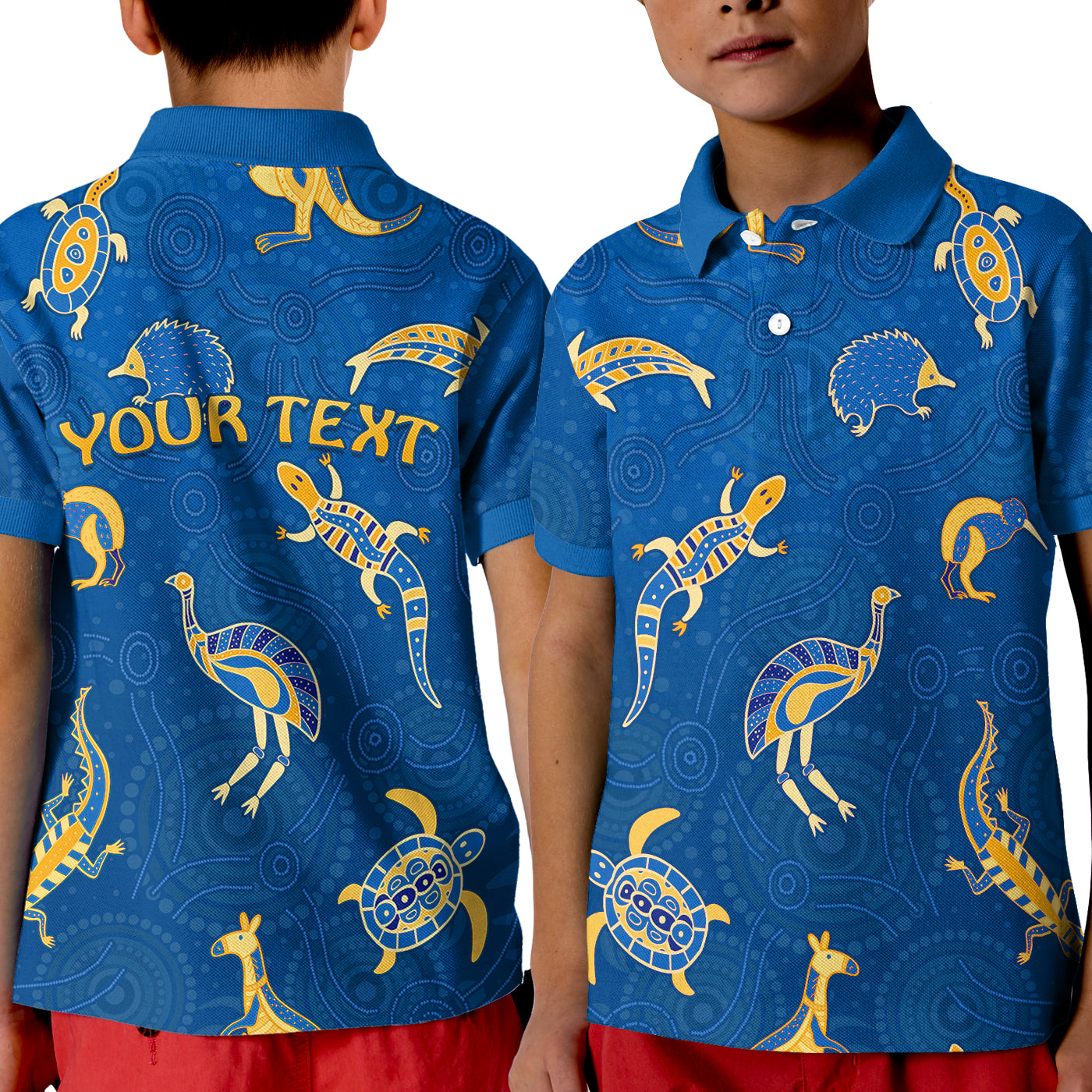 custom-personalised-aboriginal-art-polo-shirt-kid-animals-australia-version-blue