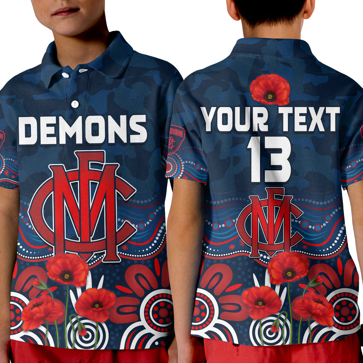 custom-text-and-number-demons-anzac-2022-polo-shirt-kid-melbourne-football-aboriginal-poppy