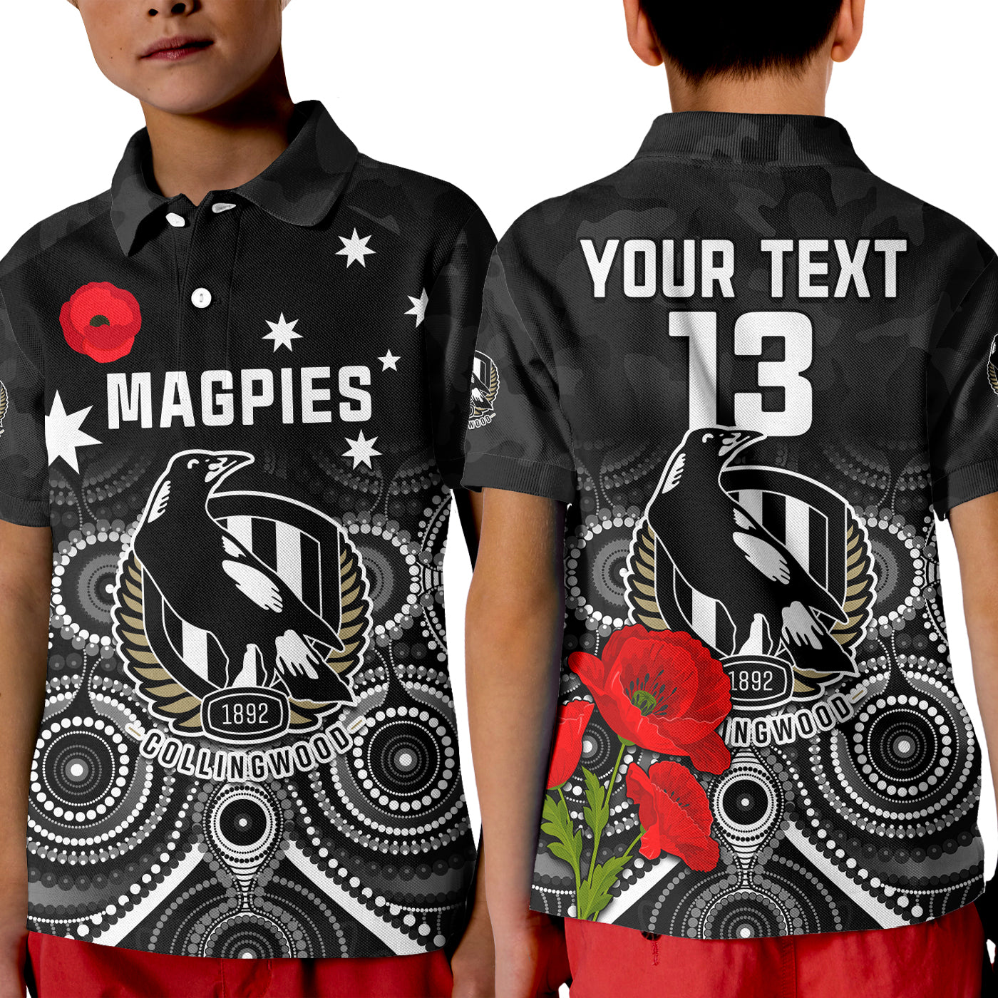 custom-text-and-number-magpies-football-anzac-day-polo-shirt-aboriginal-poppy-flowers