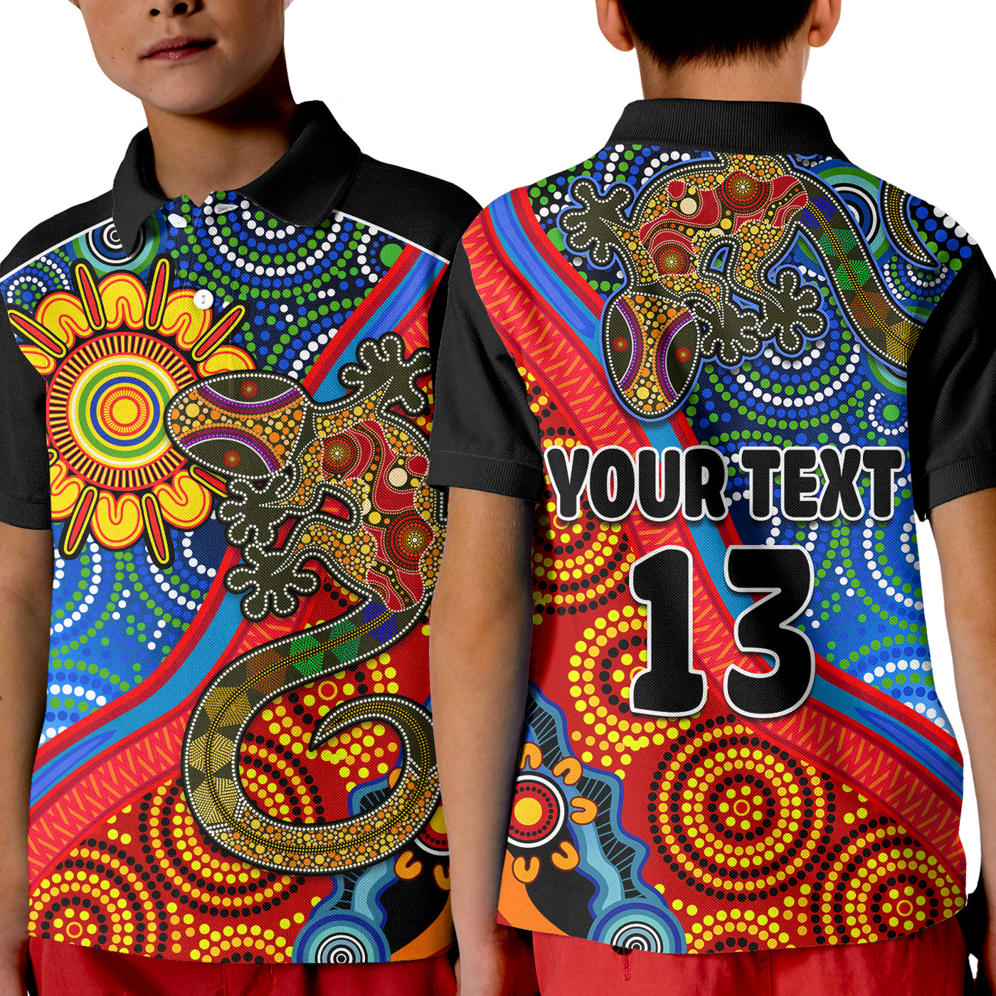 custom-text-and-number-australia-lizard-and-sun-polo-shirt-aboriginal-art-speical