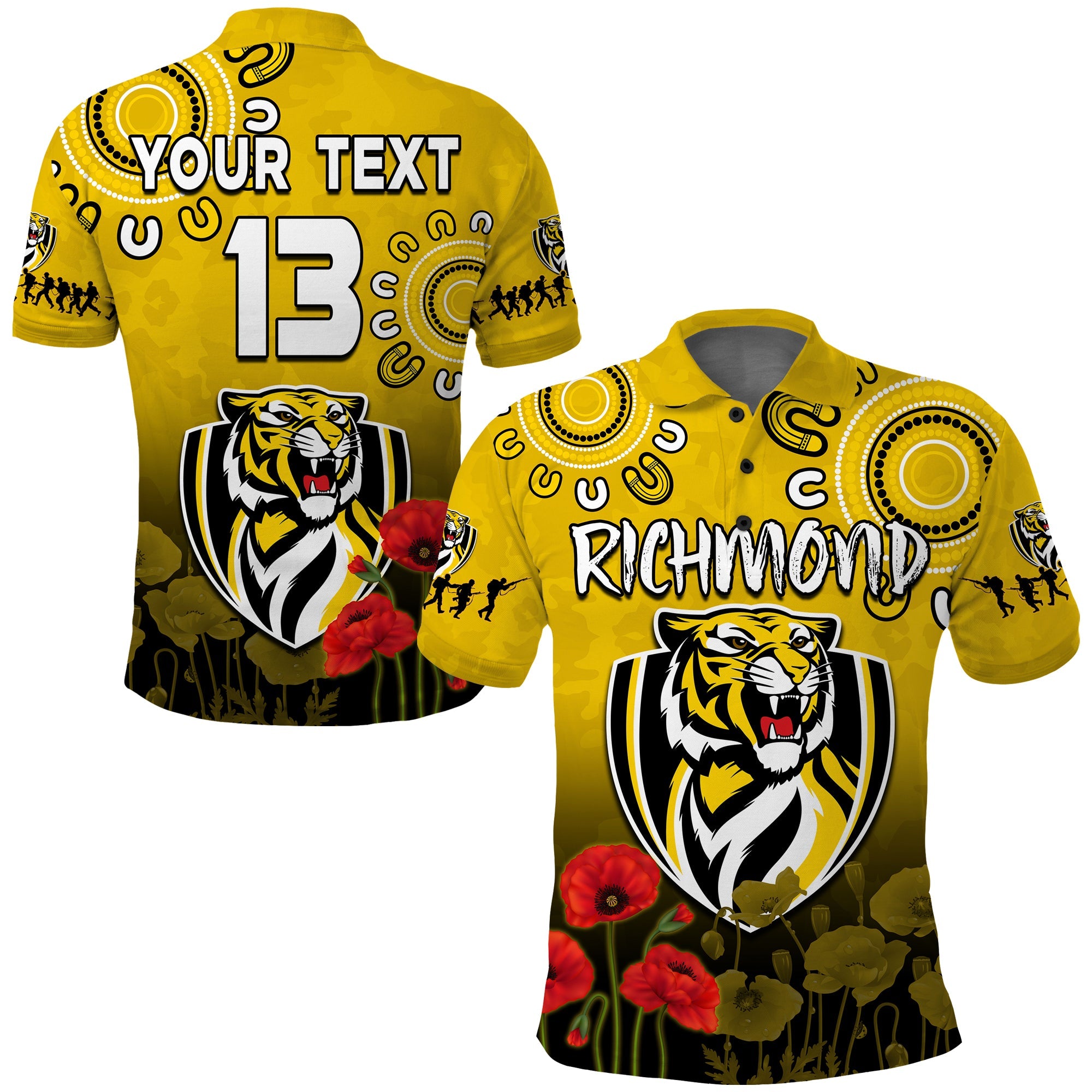 custom-text-and-number-richmond-anzac-2022-polo-shirt-tigers-aboriginal-poppy