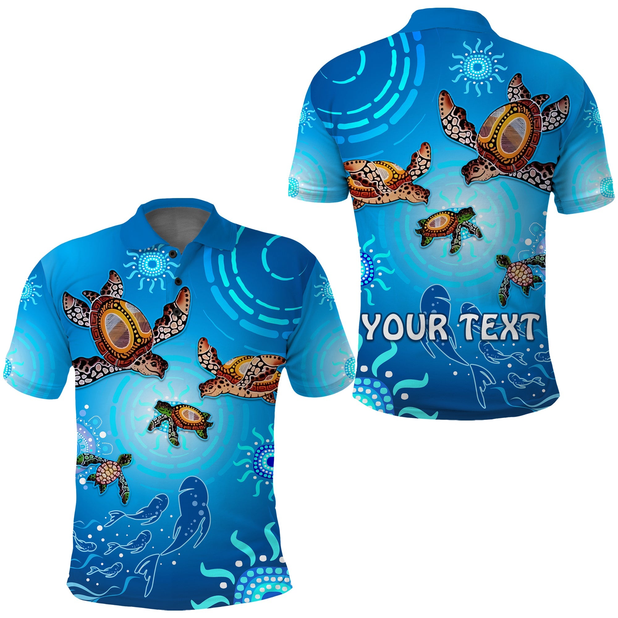 custom-personalised-australian-aboriginal-polo-shirt-happy-turtle-family-version-blue