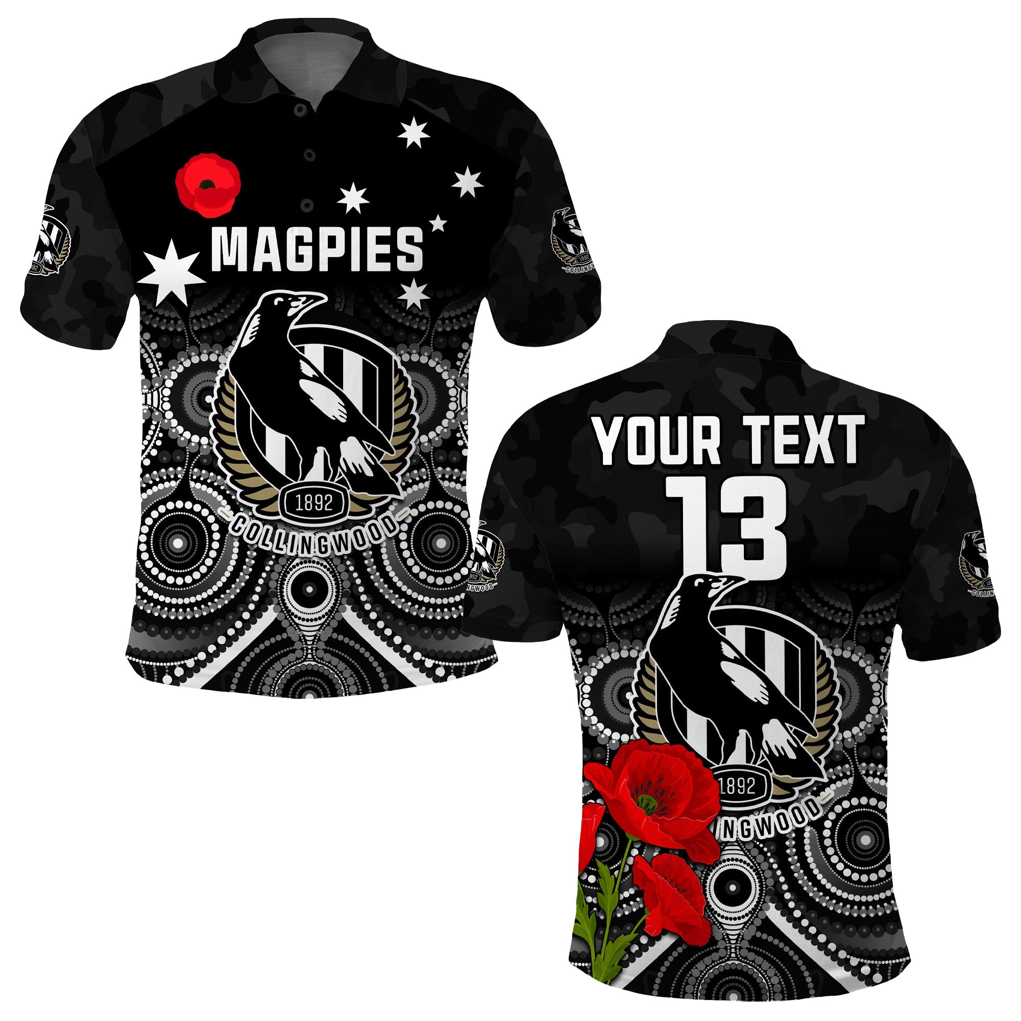 custom-text-and-number-magpies-football-anzac-day-polo-shirt-aboriginal-poppy-flowers