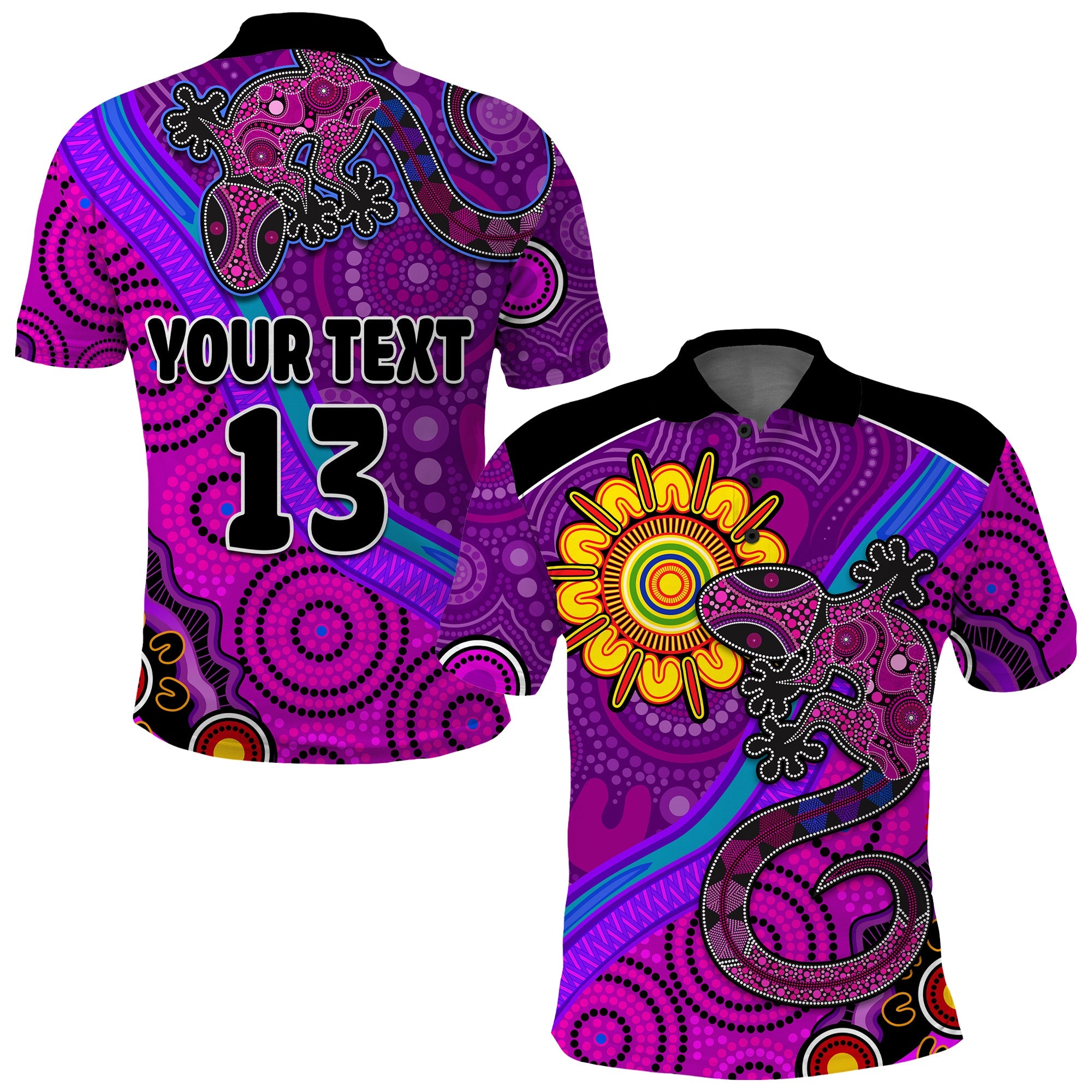 custom-text-and-number-australia-lizard-and-sun-polo-shirt-aboriginal-art-purple