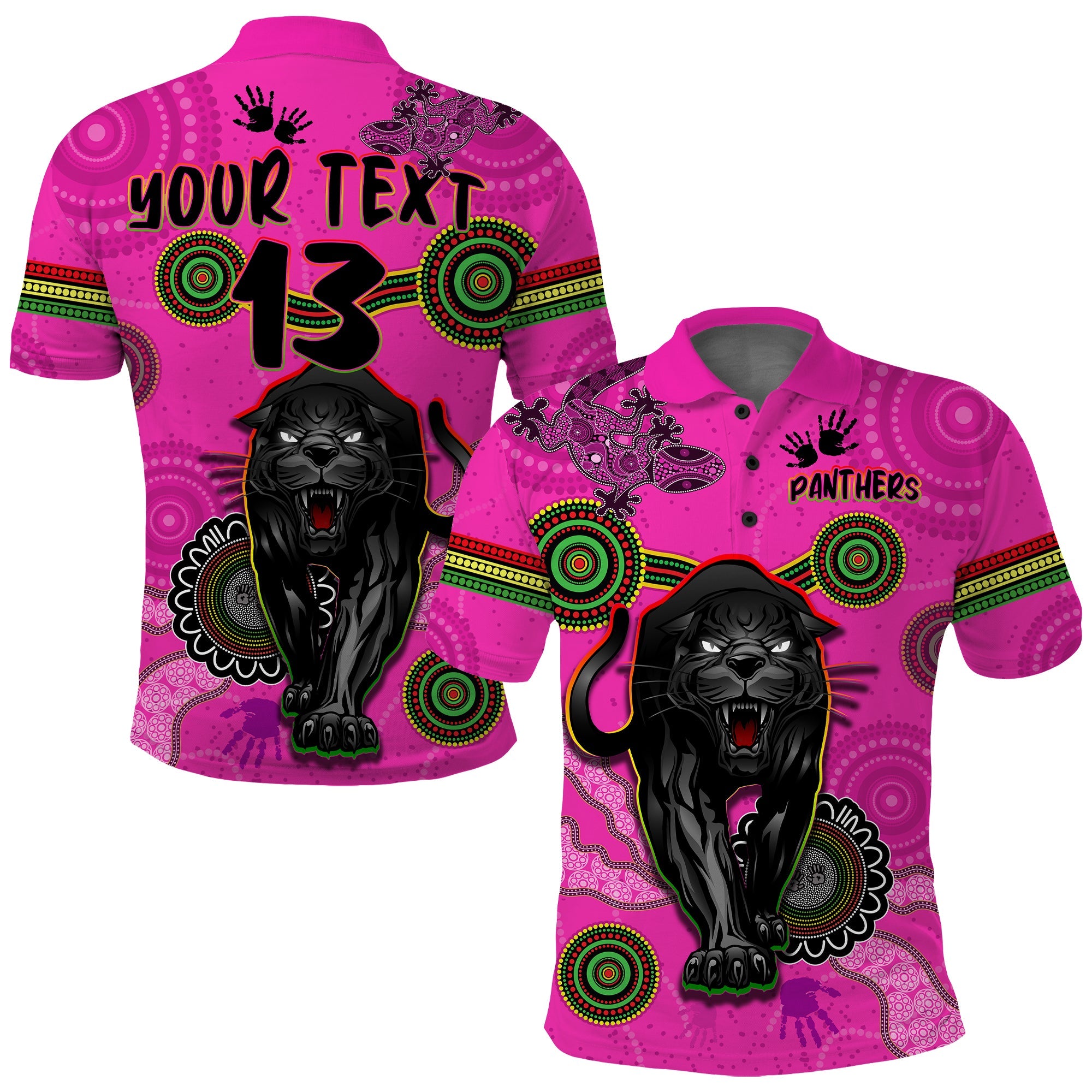 custom-text-and-number-panthers-polo-shirt-aboriginal-with-lizard