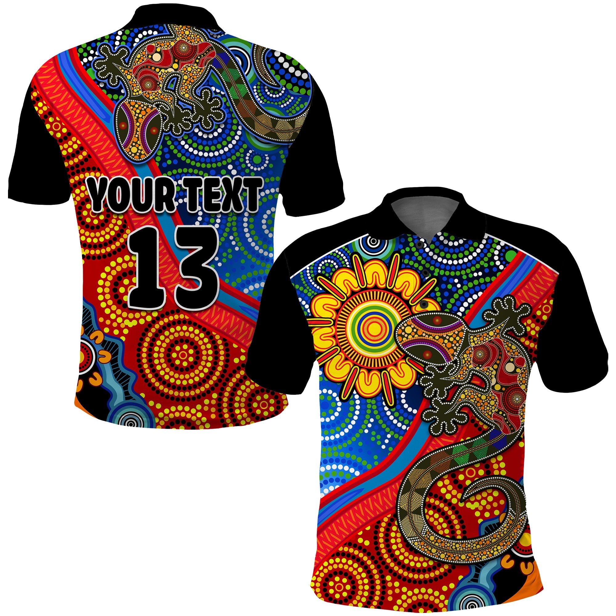 custom-text-and-number-australia-lizard-and-sun-polo-shirt-aboriginal-art-speical