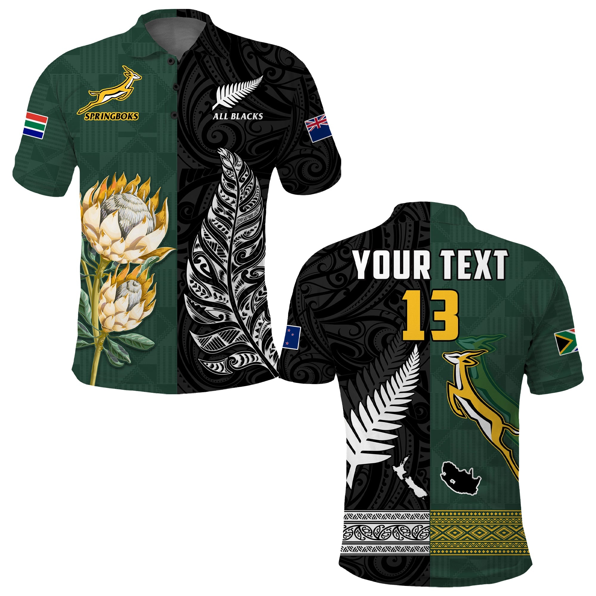 custom-text-and-number-south-africa-protea-and-new-zealand-fern-polo-shirt-rugby-go-springboks-vs-all-black