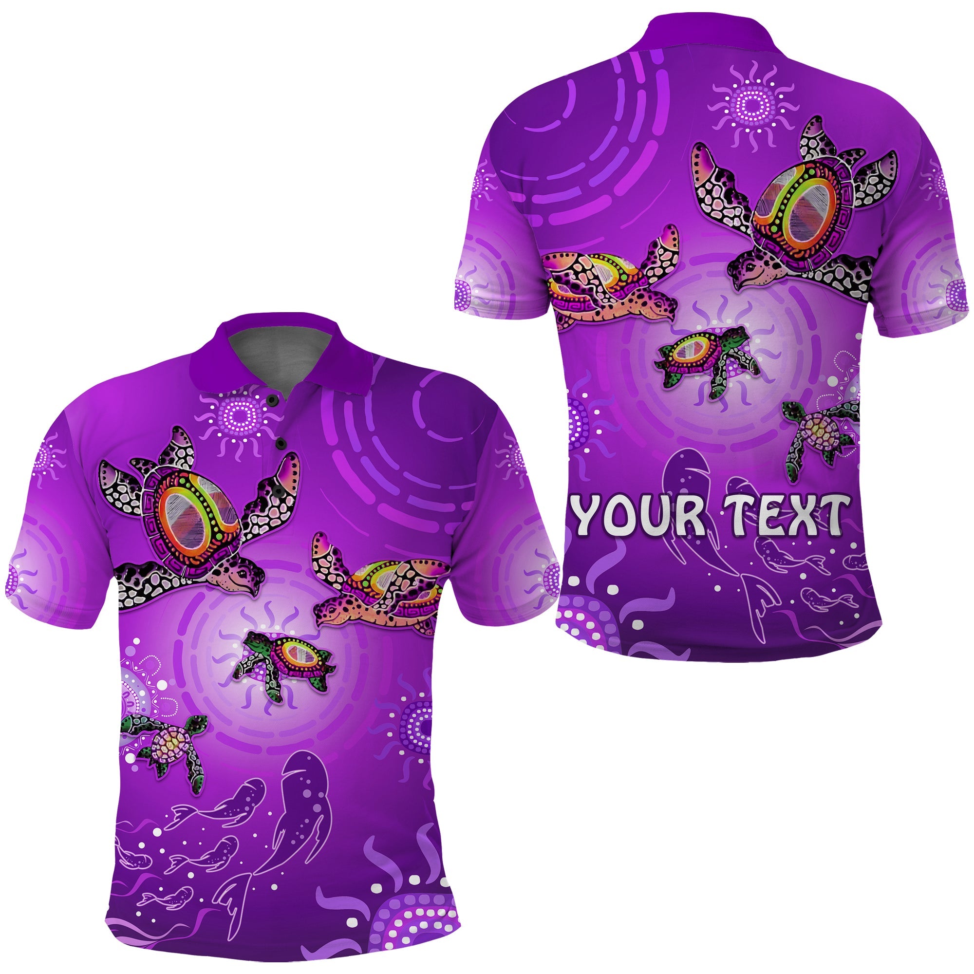 custom-personalised-australian-aboriginal-polo-shirt-happy-turtle-family-version-purple