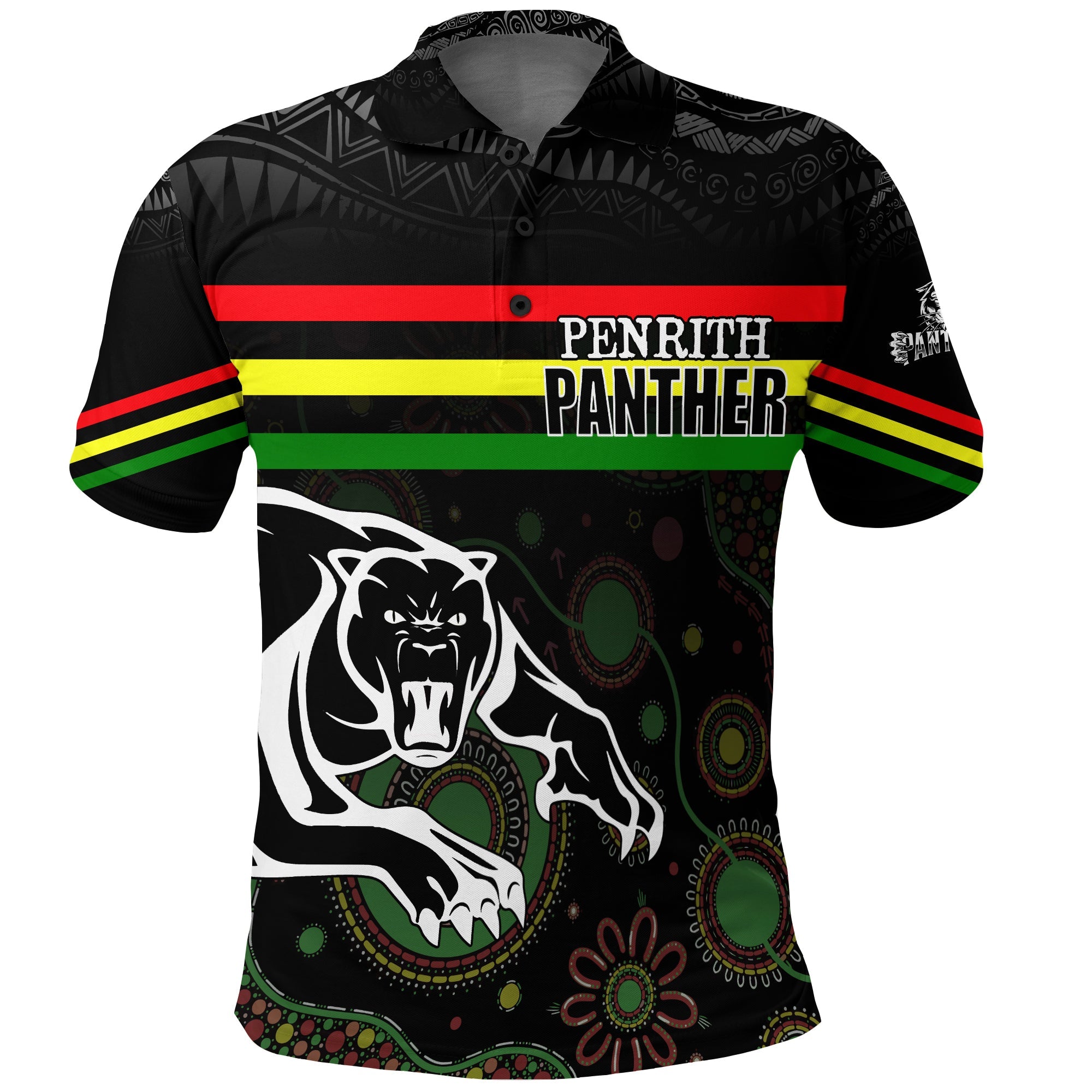 custom-personalised-penrith-panther-polo-shirt-aboriginal-art-with-abstract-pattern