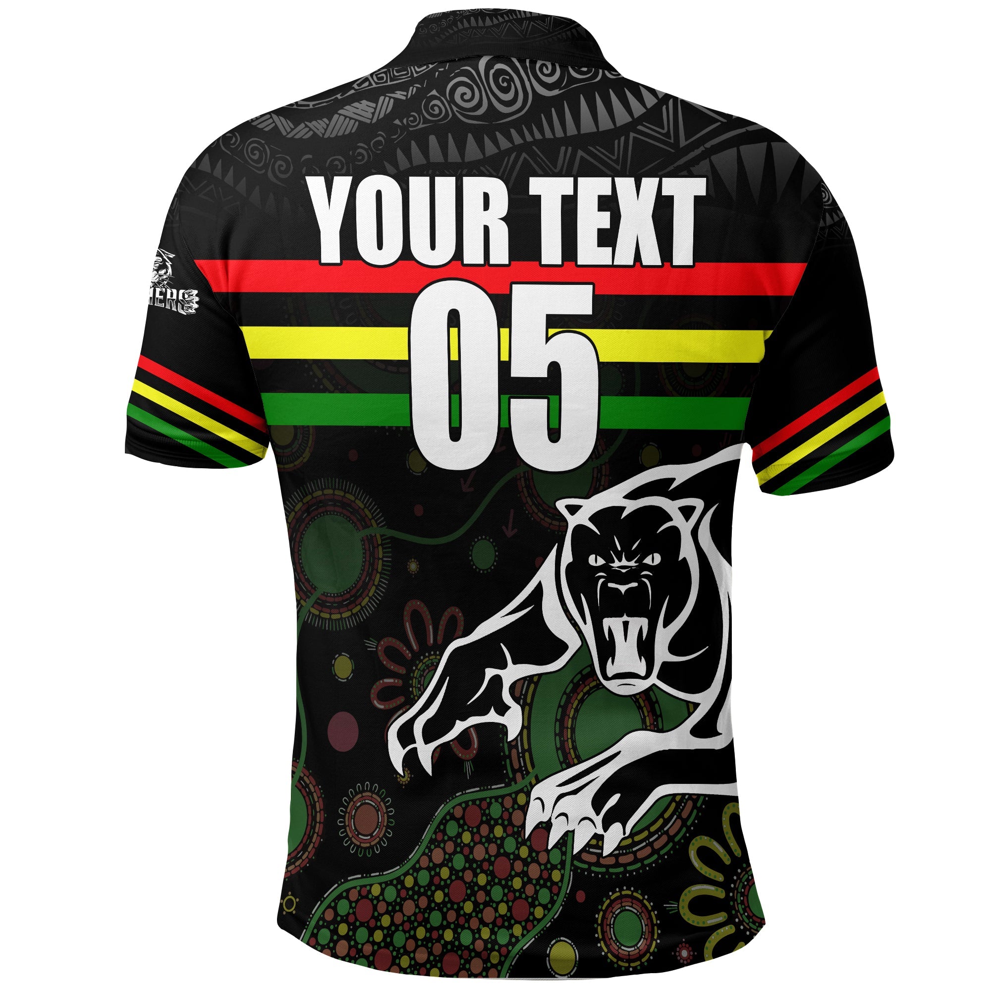 custom-personalised-penrith-panther-polo-shirt-aboriginal-art-with-abstract-pattern