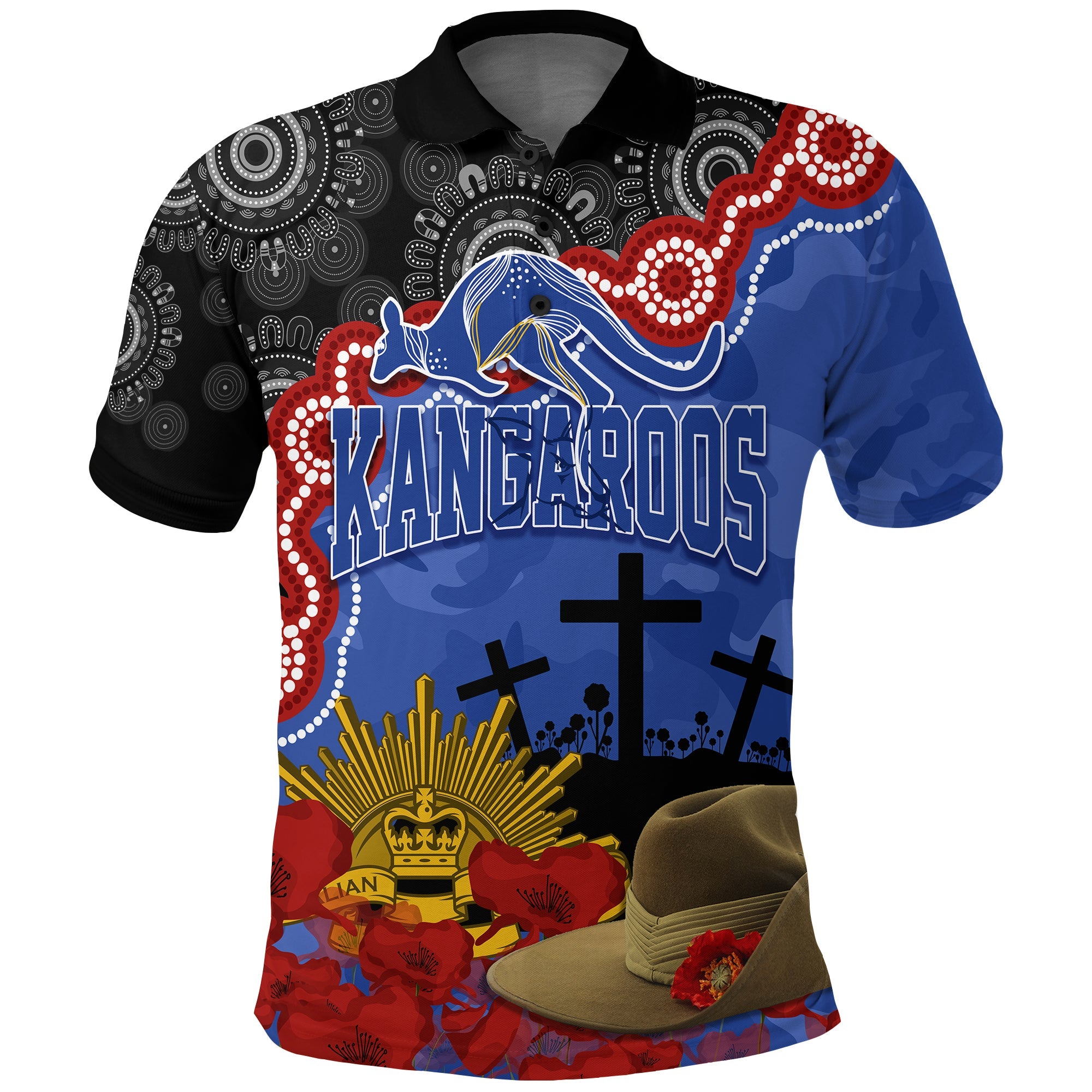 kangaroos-football-anzac-2023-polo-shirt-aboriginal-mix-slouch-hat