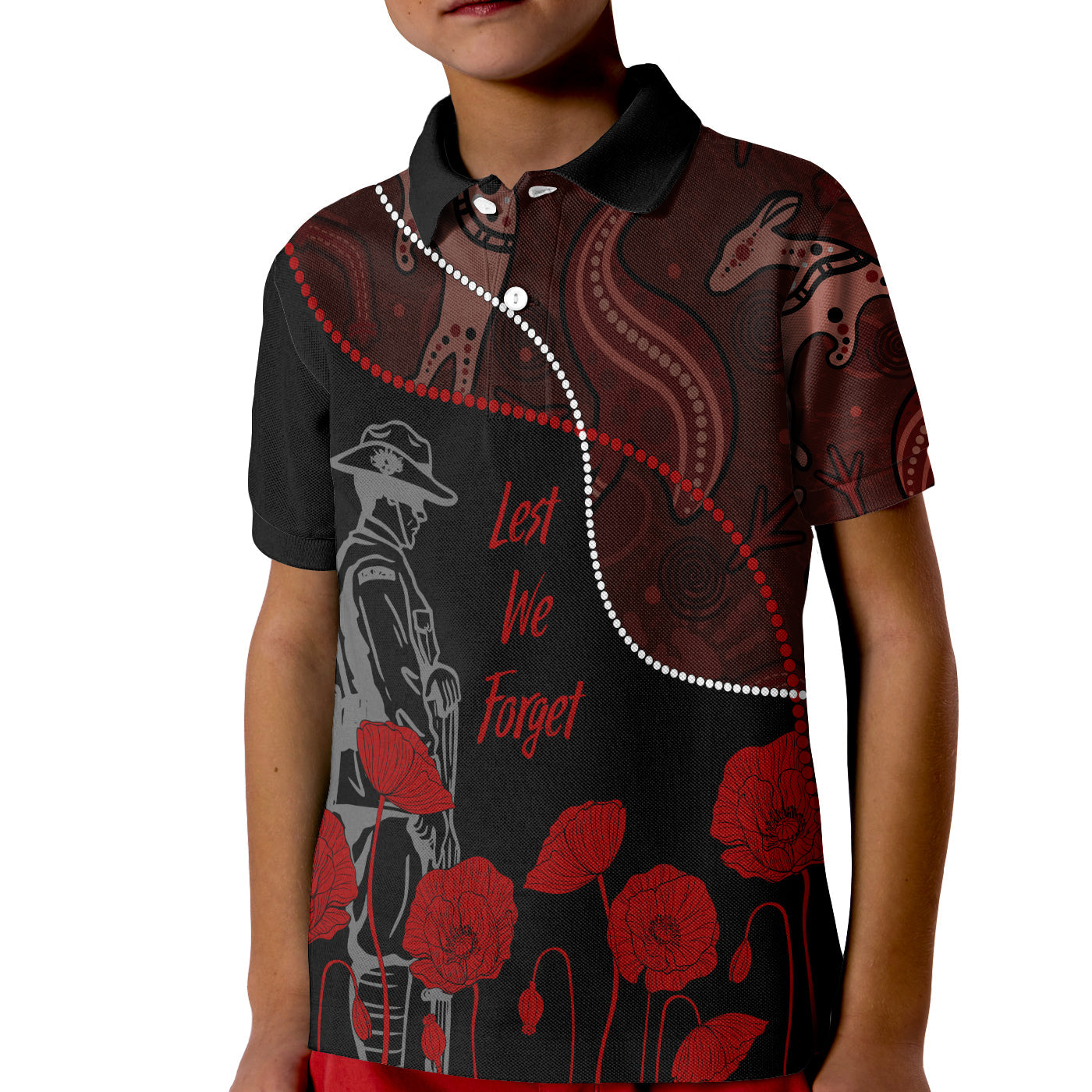 australia-anzac-day-kid-polo-shirt-aboriginal-art-with-poppies