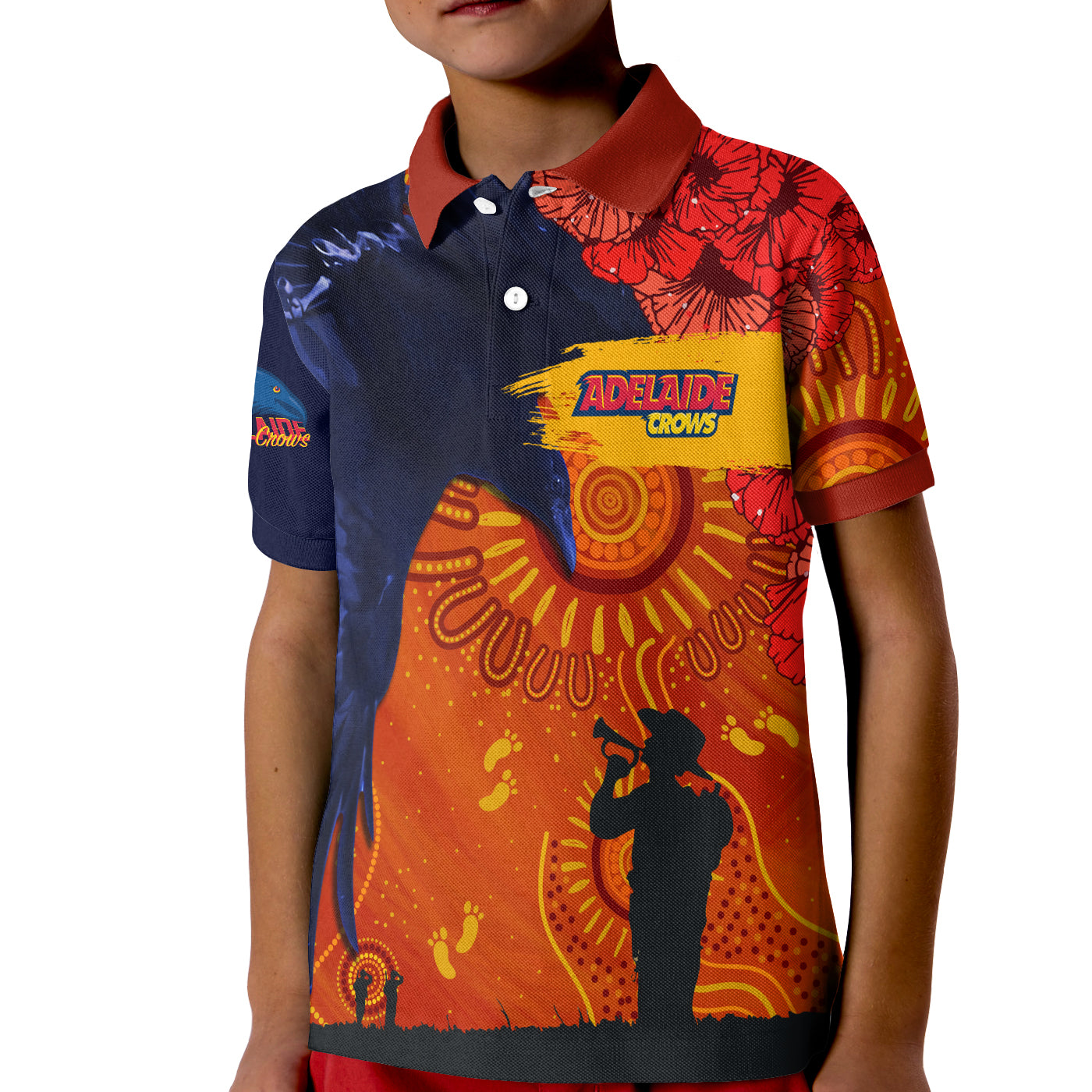 custom-personalised-adelaide-crows-indigenous-anzac-day-kid-polo-shirt-we-will-remember