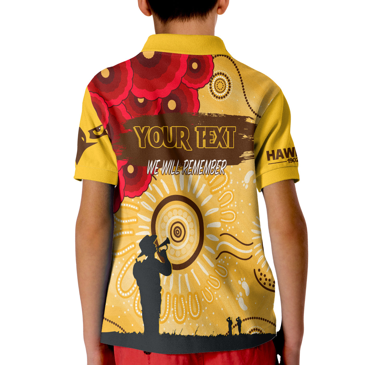 custom-personalised-hawthorn-hawks-indigenous-anzac-day-kid-polo-shirt-we-will-remember