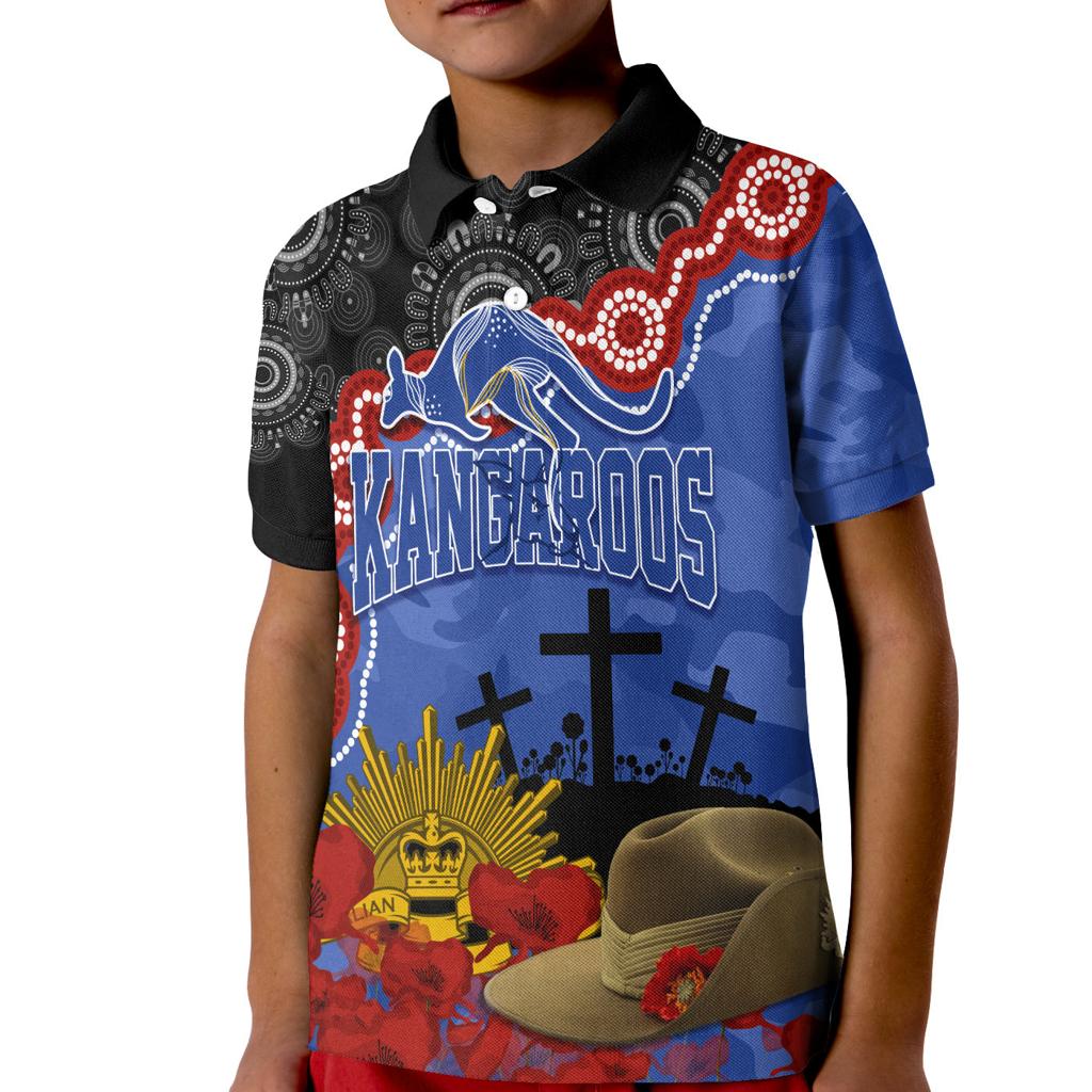 kangaroos-football-anzac-2023-polo-shirt-kid-aboriginal-mix-slouch-hat