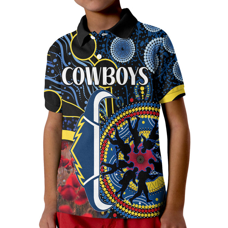 custom-personalised-cowboys-rugby-anzac-kid-polo-shirt-aboriginal-military-and-poppy-flowers