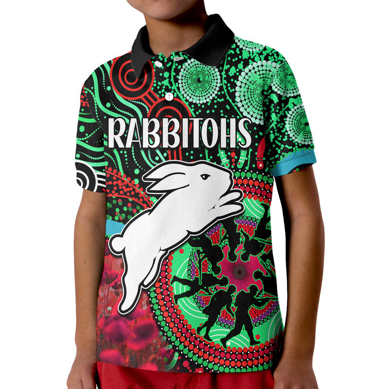 custom-personalised-rabbitohs-rugby-anzac-kid-polo-shirt-aboriginal-military-and-poppy-flowers