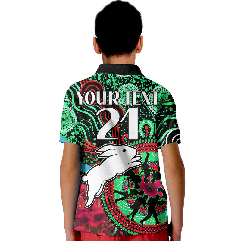 custom-personalised-rabbitohs-rugby-anzac-kid-polo-shirt-aboriginal-military-and-poppy-flowers