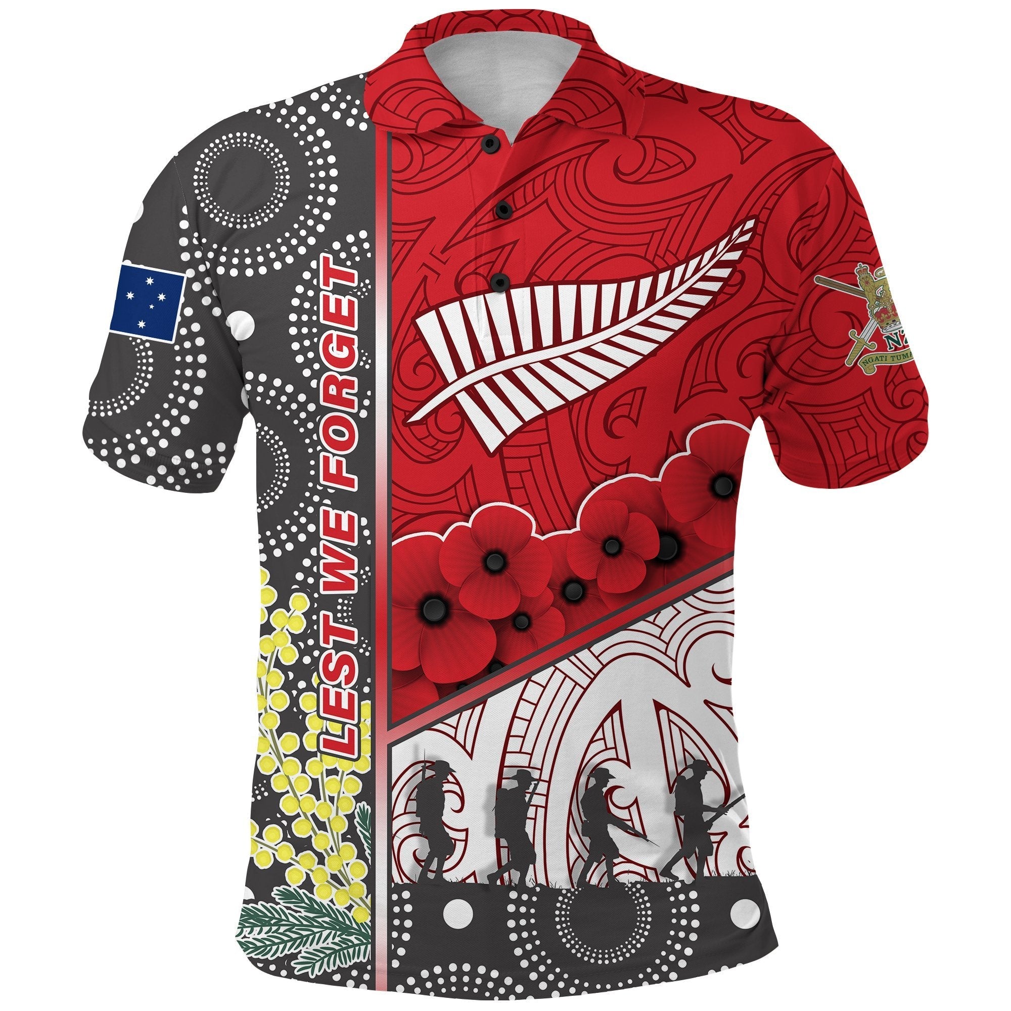 custom-personalised-anzac-day-lest-we-forget-polo-shirt-australia-indigenous-and-new-zealand-maori-red