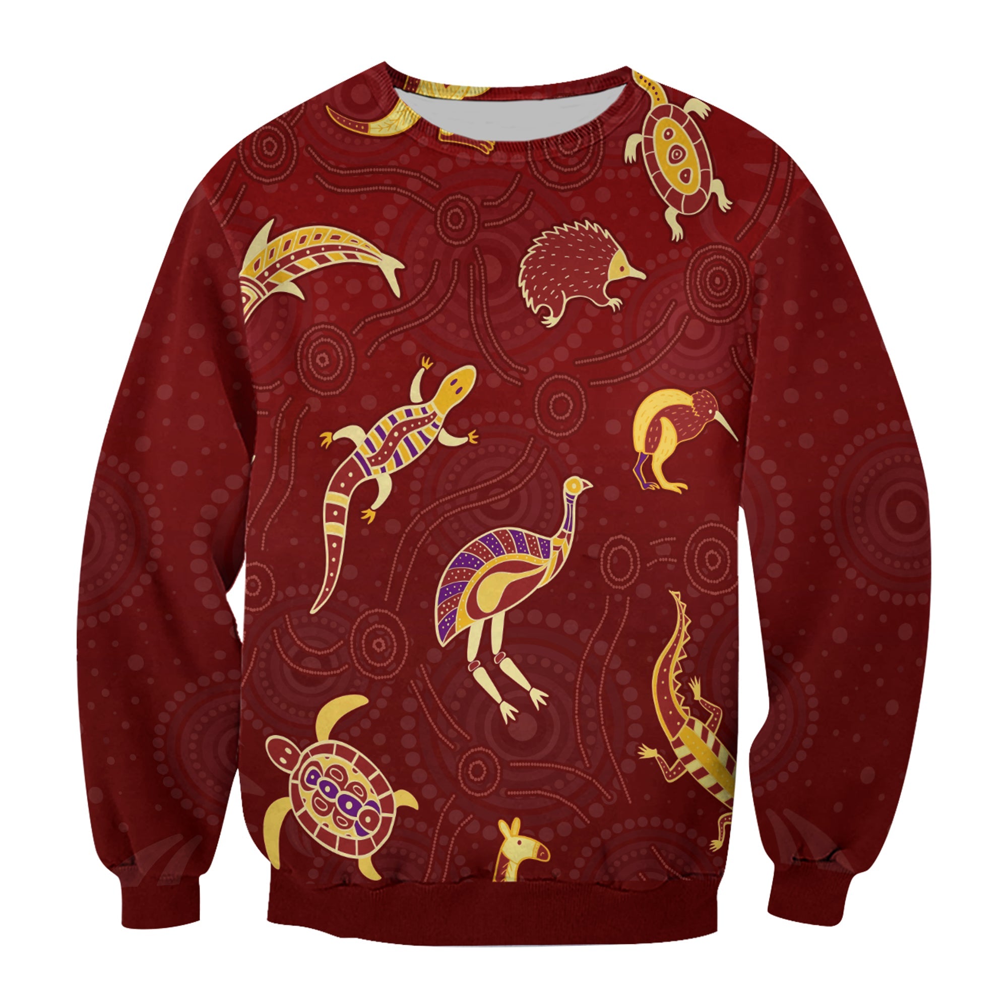 aboriginal-art-sweatshirt-animals-australia-version-maroon