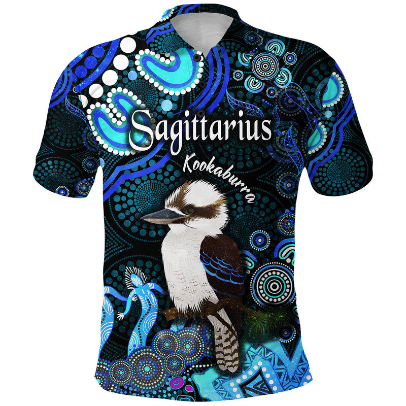 australian-astrology-polo-shirt-sagittarius-kookaburra-zodiac-aboriginal-vibes-blue