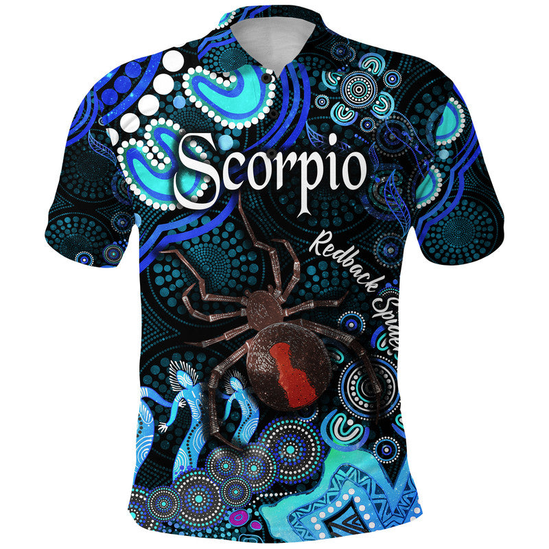 custom-personalised-australian-astrology-polo-shirt-scorpio-redback-spider-zodiac-aboriginal-vibes-blue