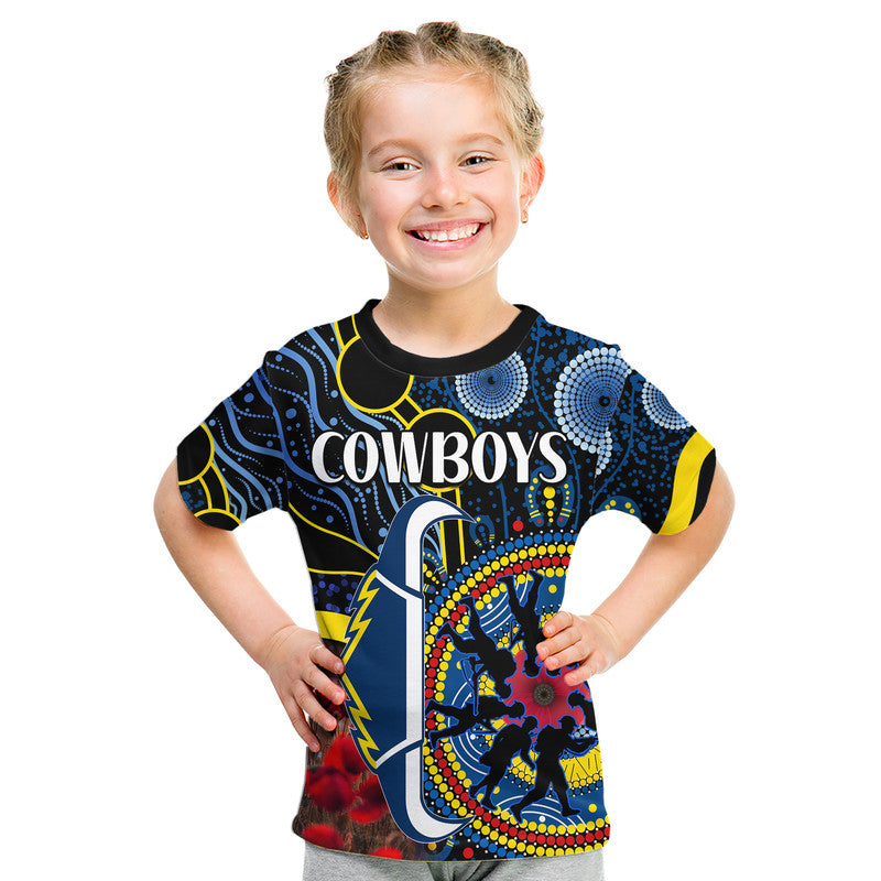 custom-personalised-cowboys-rugby-anzac-kid-t-shirt-aboriginal-military-and-poppy-flowers