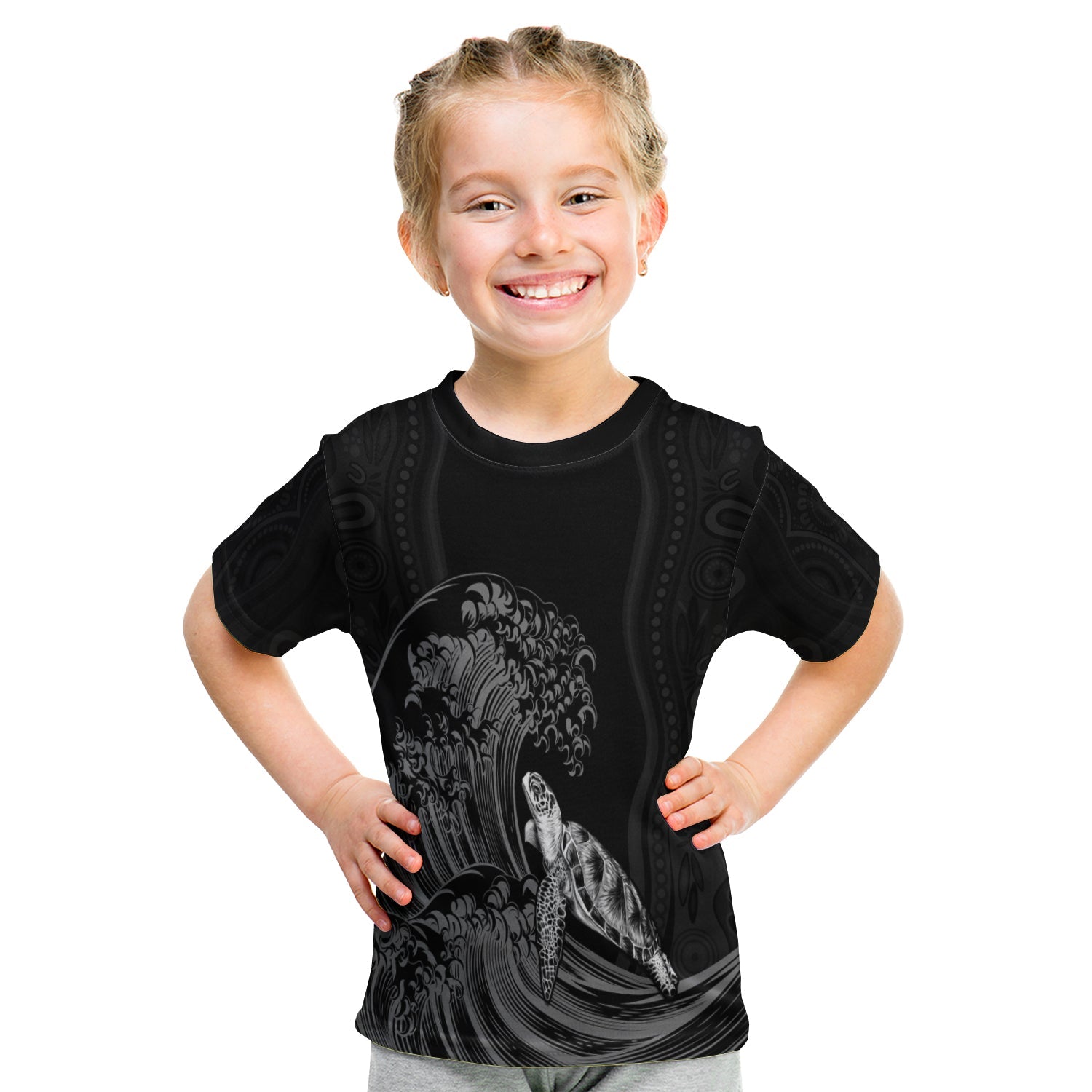 custom-personalised-torres-strait-islands-t-shirt-kid-the-dhari-mix-aboriginal-turtle-version-black