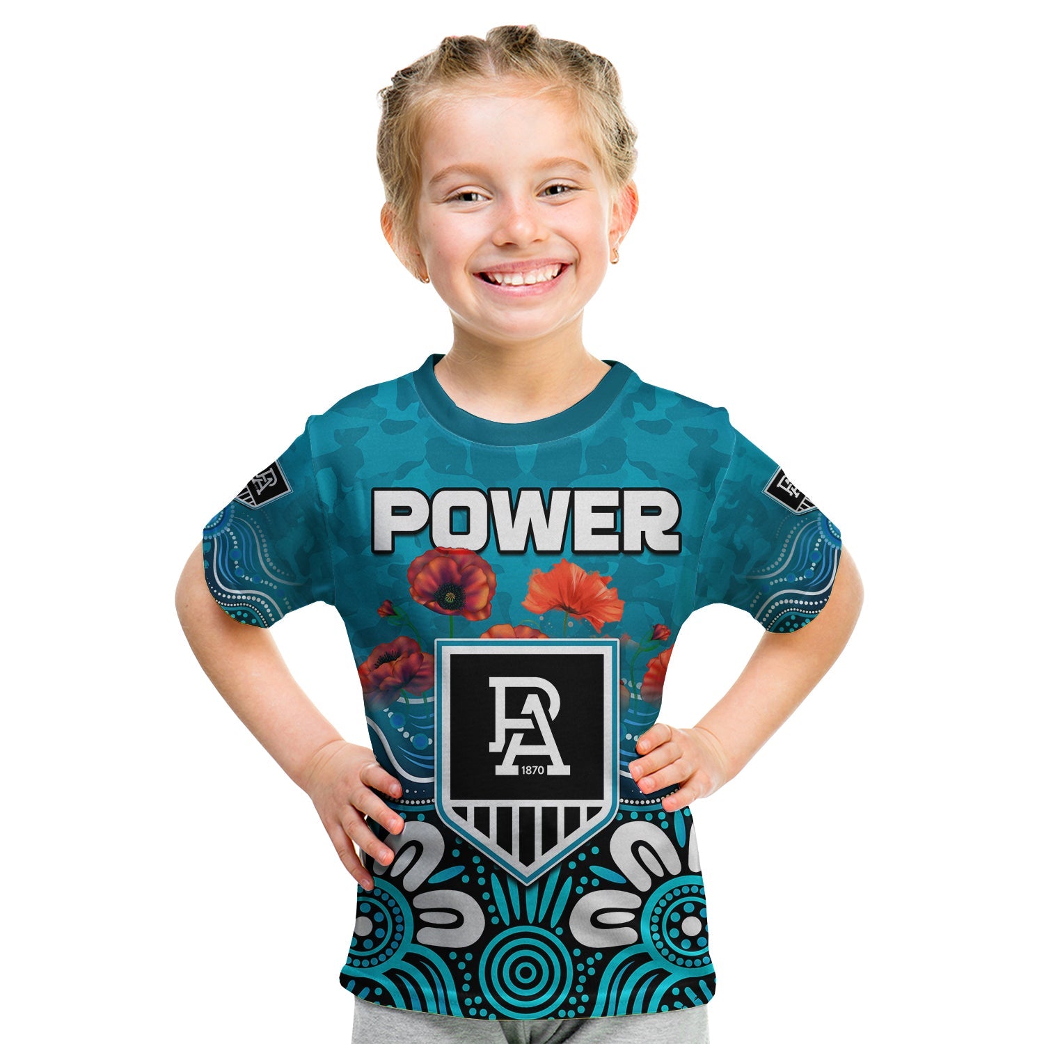 custom-text-and-number-power-anzac-2022-t-shirt-kid-port-adelaide-aboriginal-remember-them