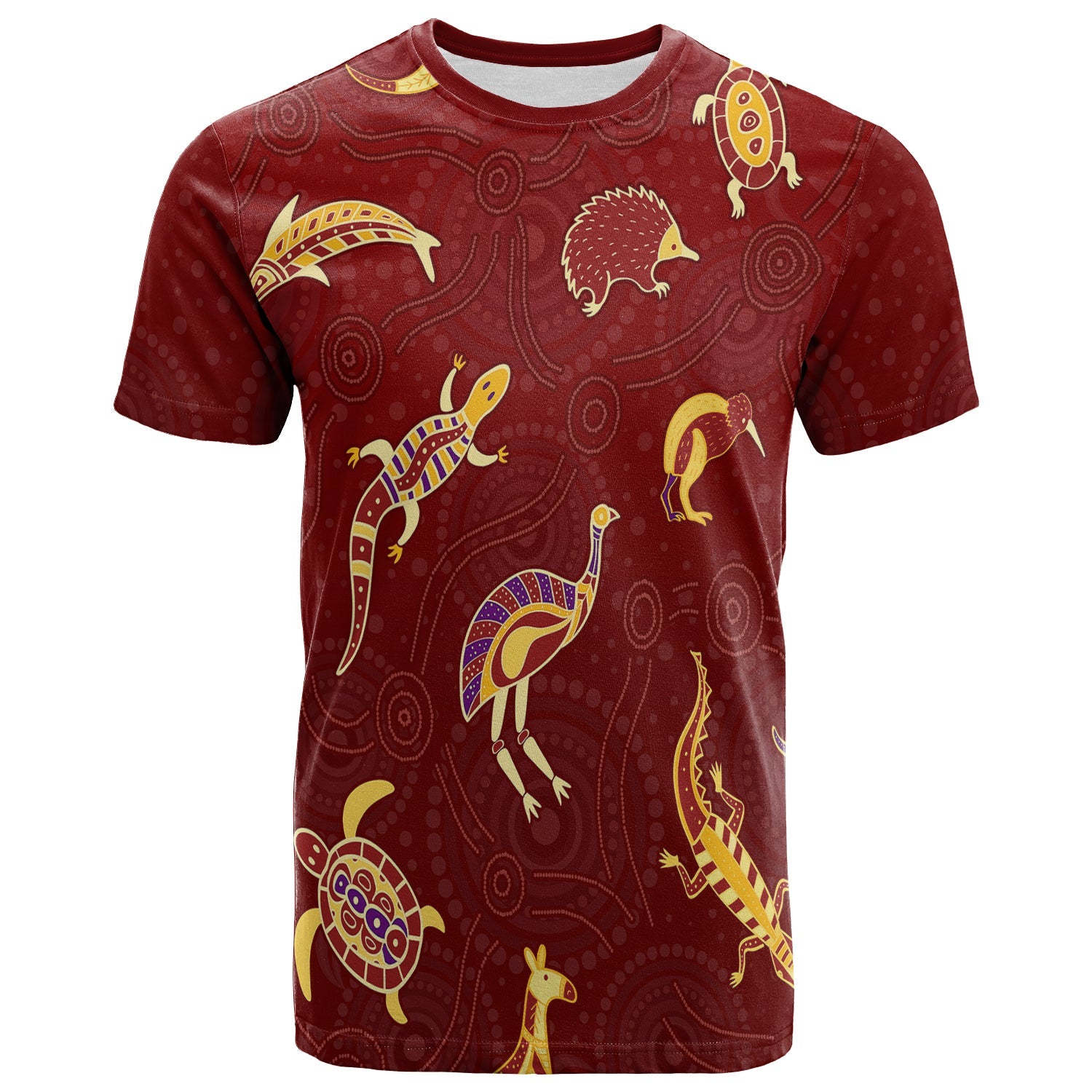 custom-personalised-aboriginal-art-t-shirt-animals-australia-version-maroon