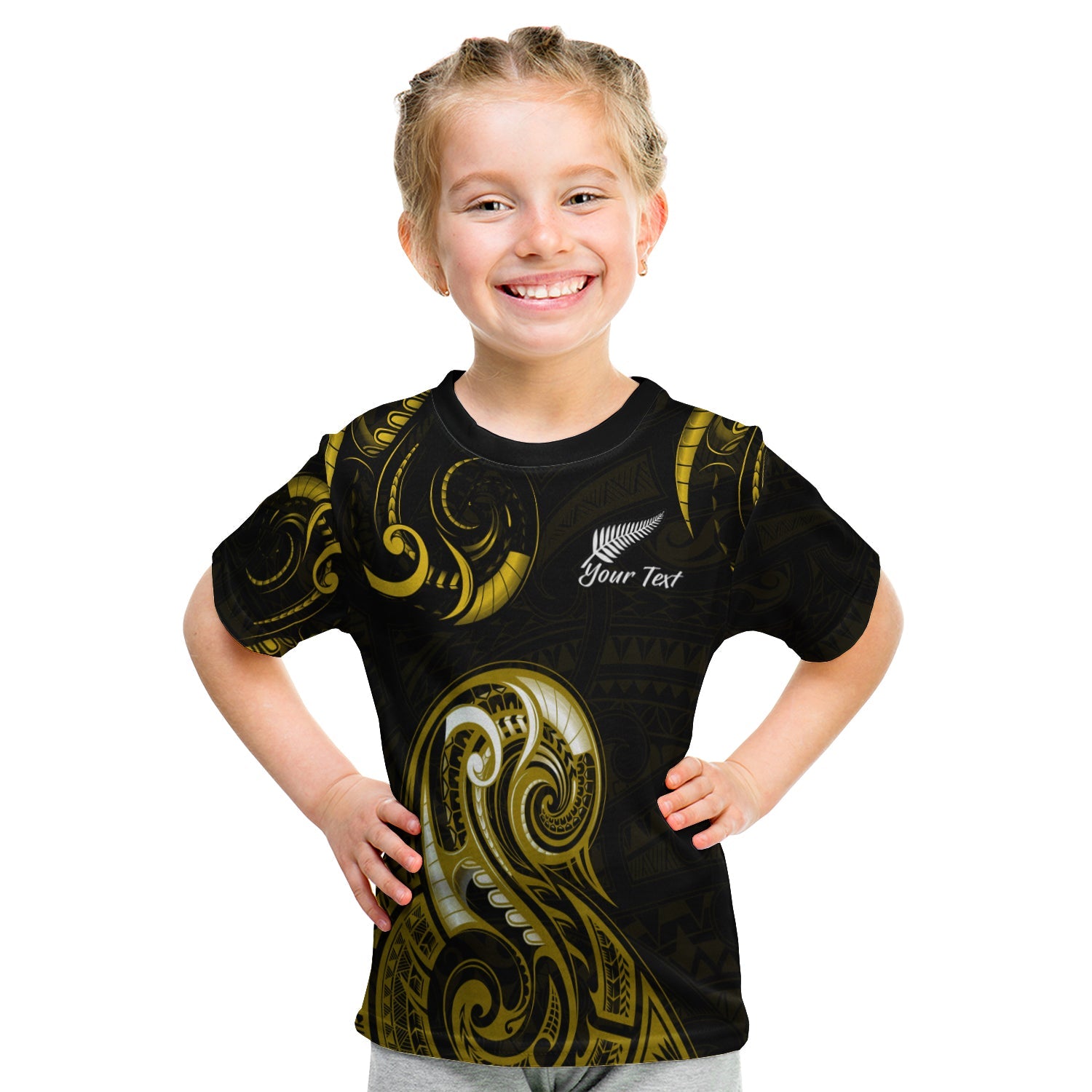 custom-personalised-aotearoa-fern-t-shirt-kid-maori-pattern-version-gold