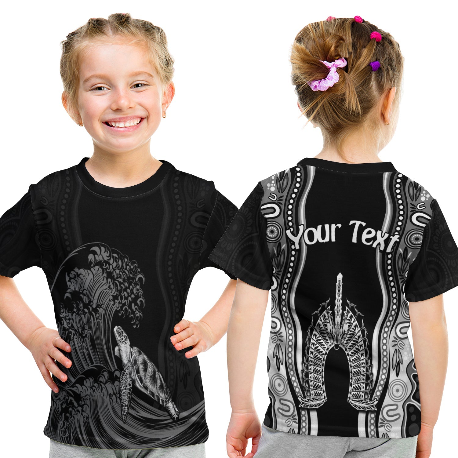 custom-personalised-torres-strait-islands-t-shirt-kid-the-dhari-mix-aboriginal-turtle-version-black