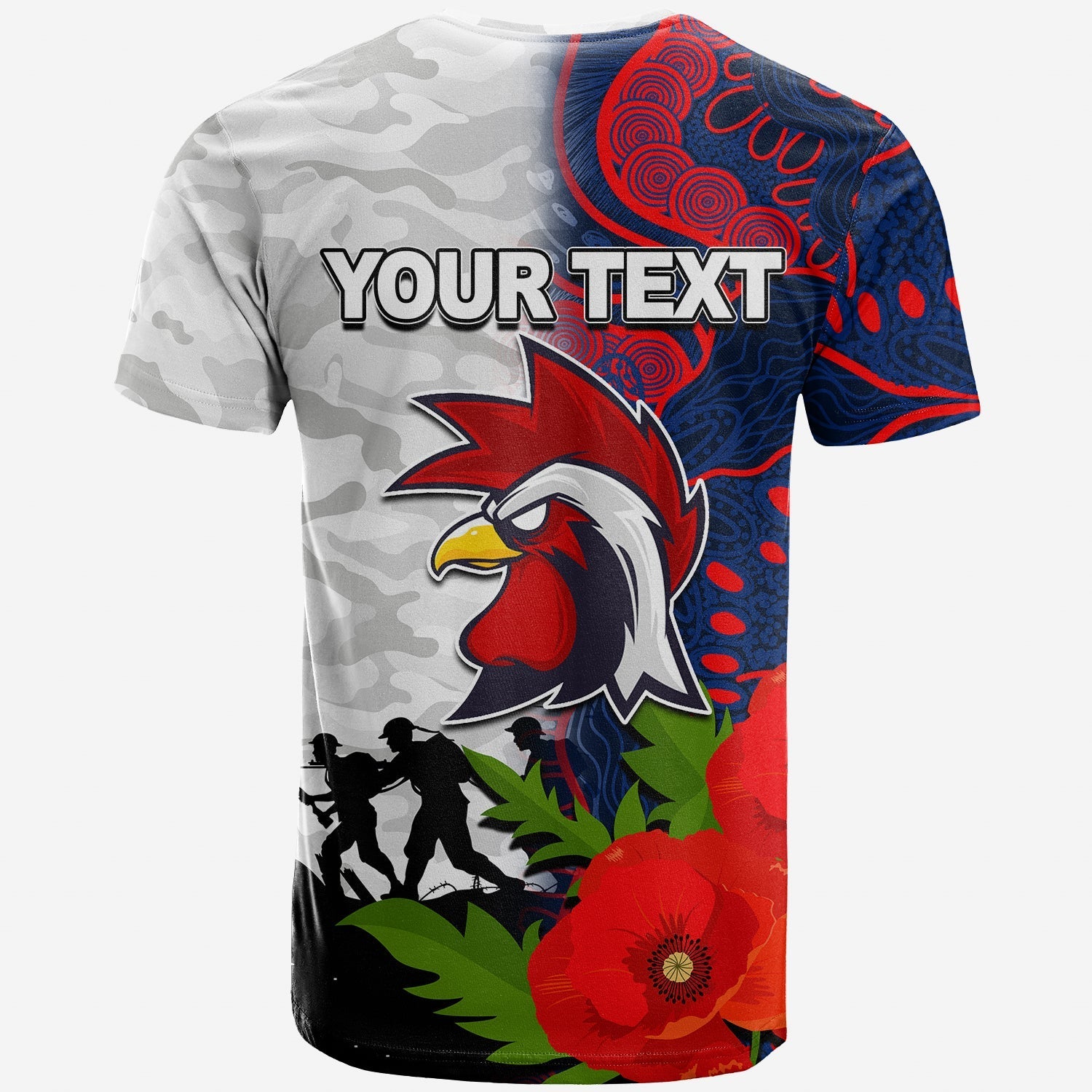 custom-personalisedroosters-anzac-day-aboriginal-mix-army-patterns-t-shirt