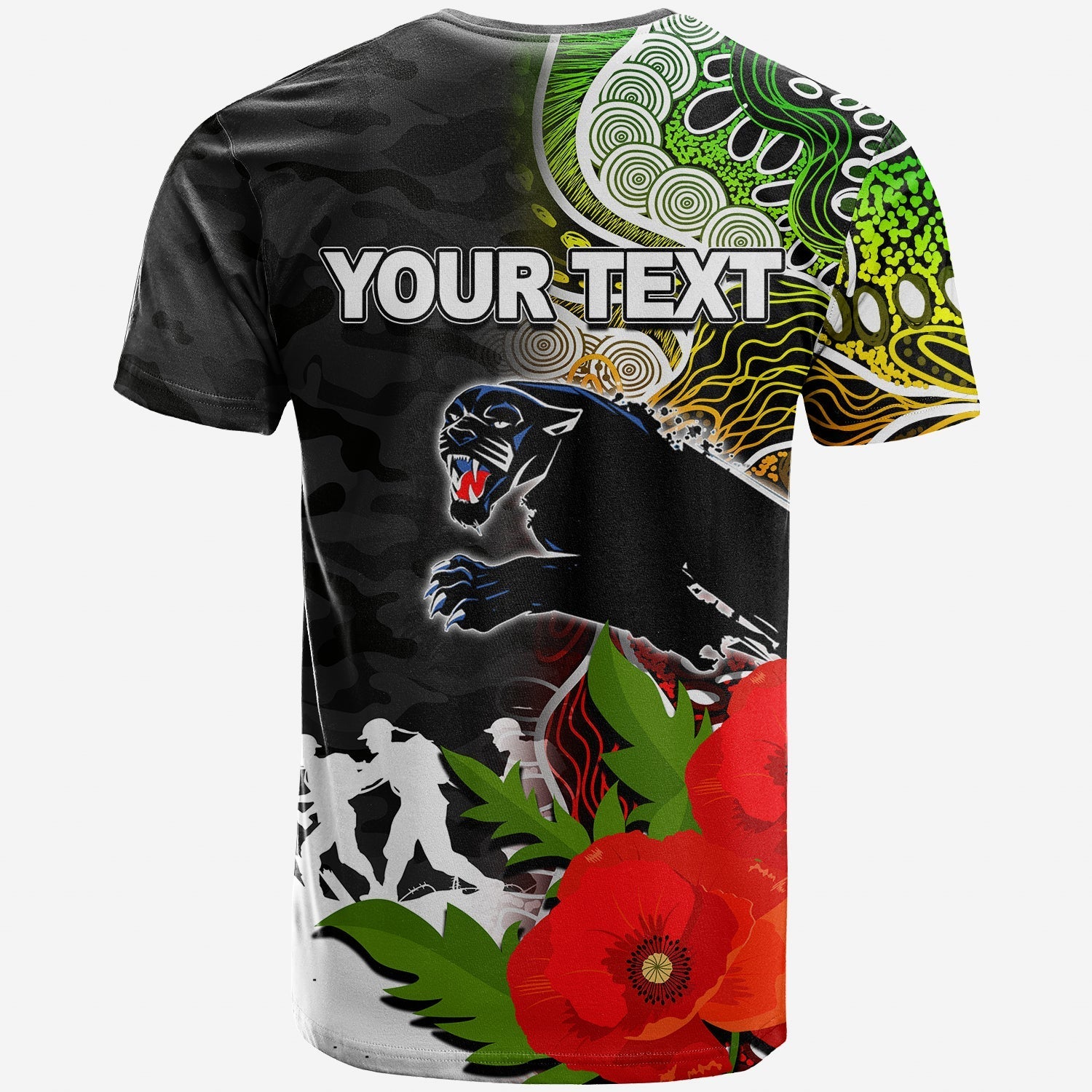 custom-personalisedpanthers-anzac-day-aboriginal-mix-army-patterns-t-shirt