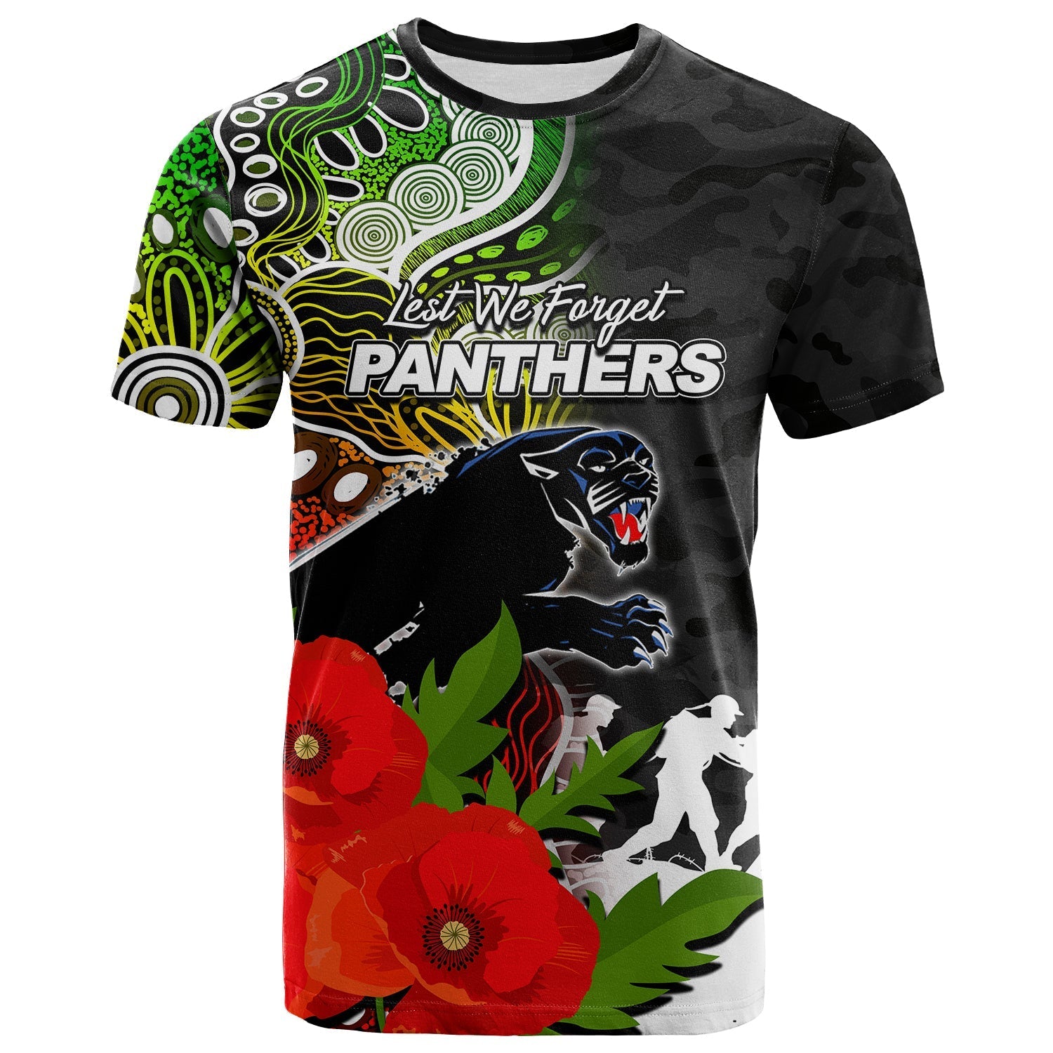 custom-personalisedpanthers-anzac-day-aboriginal-mix-army-patterns-t-shirt