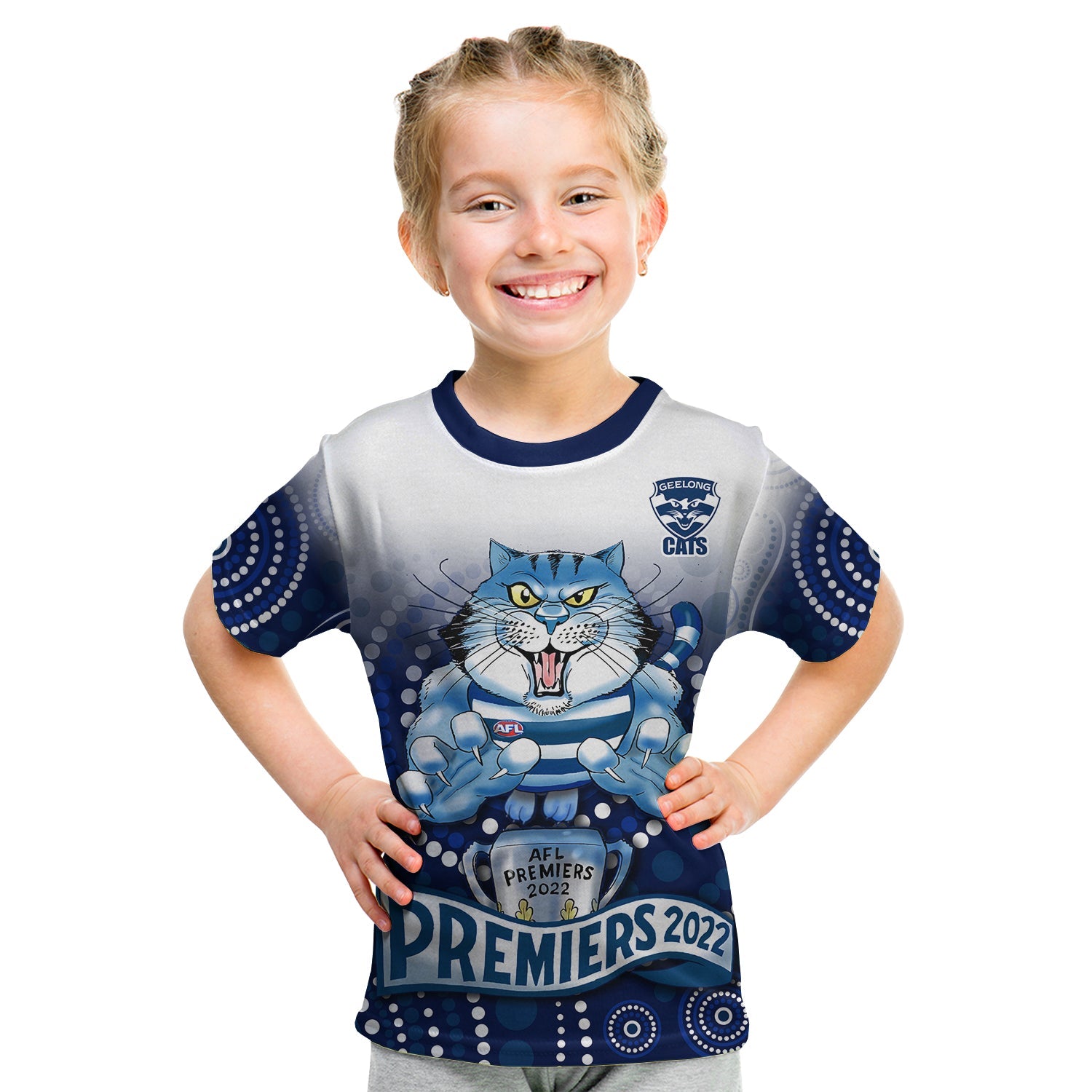 custom-text-and-number-cats-football-t-shirt-kid-aboriginal-australian-premiers-2022-proud-geelong-cartoon