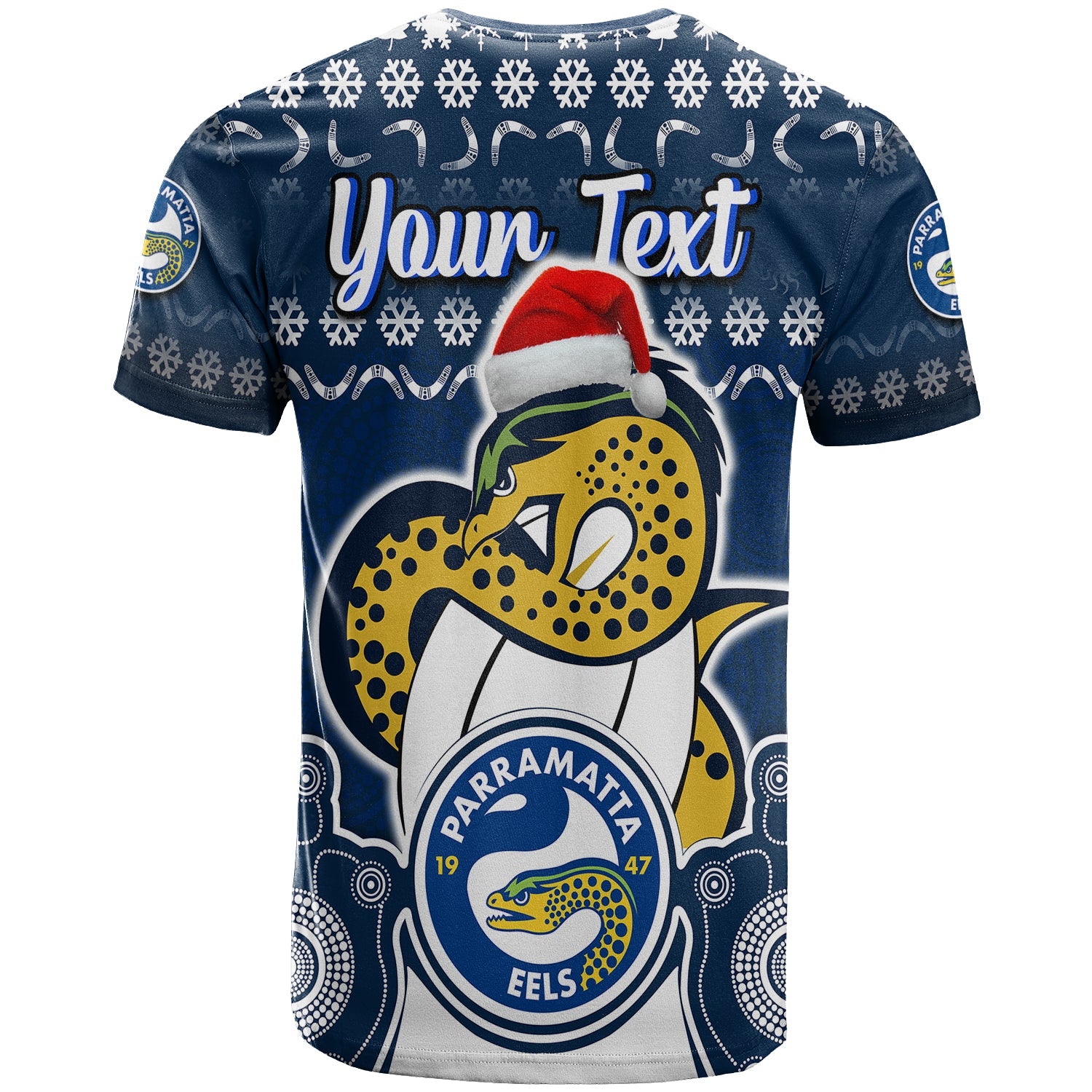 custom-personalised-parramatta-eels-christmas-vibe-with-aboriginal-dot-panting-style-t-shirt