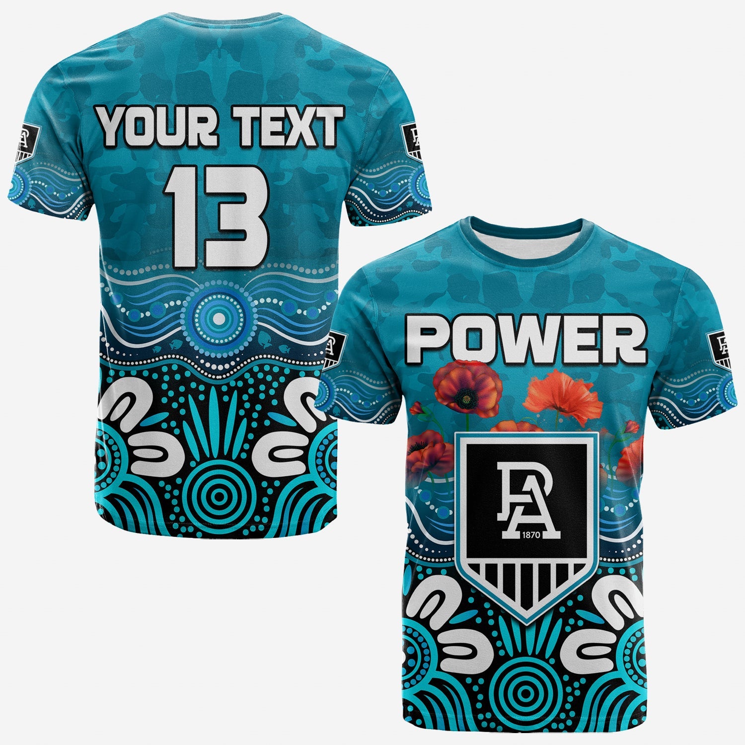 custom-text-and-number-power-anzac-2022-t-shirt-port-adelaide-aboriginal-remember-them