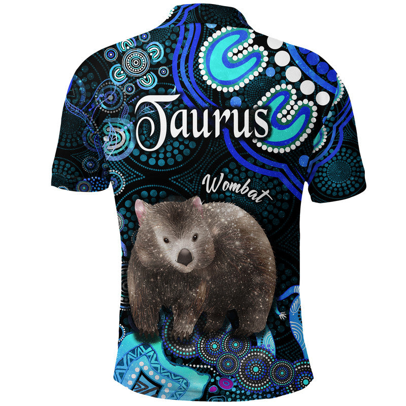 australian-astrology-polo-shirt-taurus-wombat-zodiac-aboriginal-vibes-blue